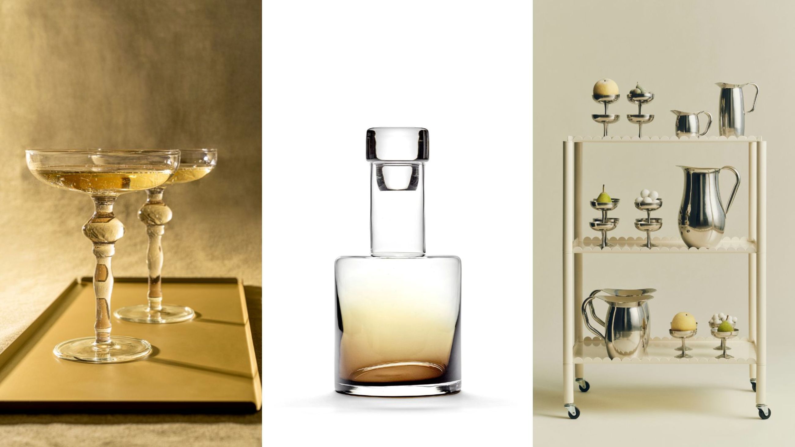 Coppa Sparky. Lo stelo che incanta; Caraffa Zuma ambra. Sfumature preziose; Arcs Trolley High + brocche. Servire, ma con stile - Credits: Courtesy KnIndustrie; Courtesy Serax; Courtesy HAY
