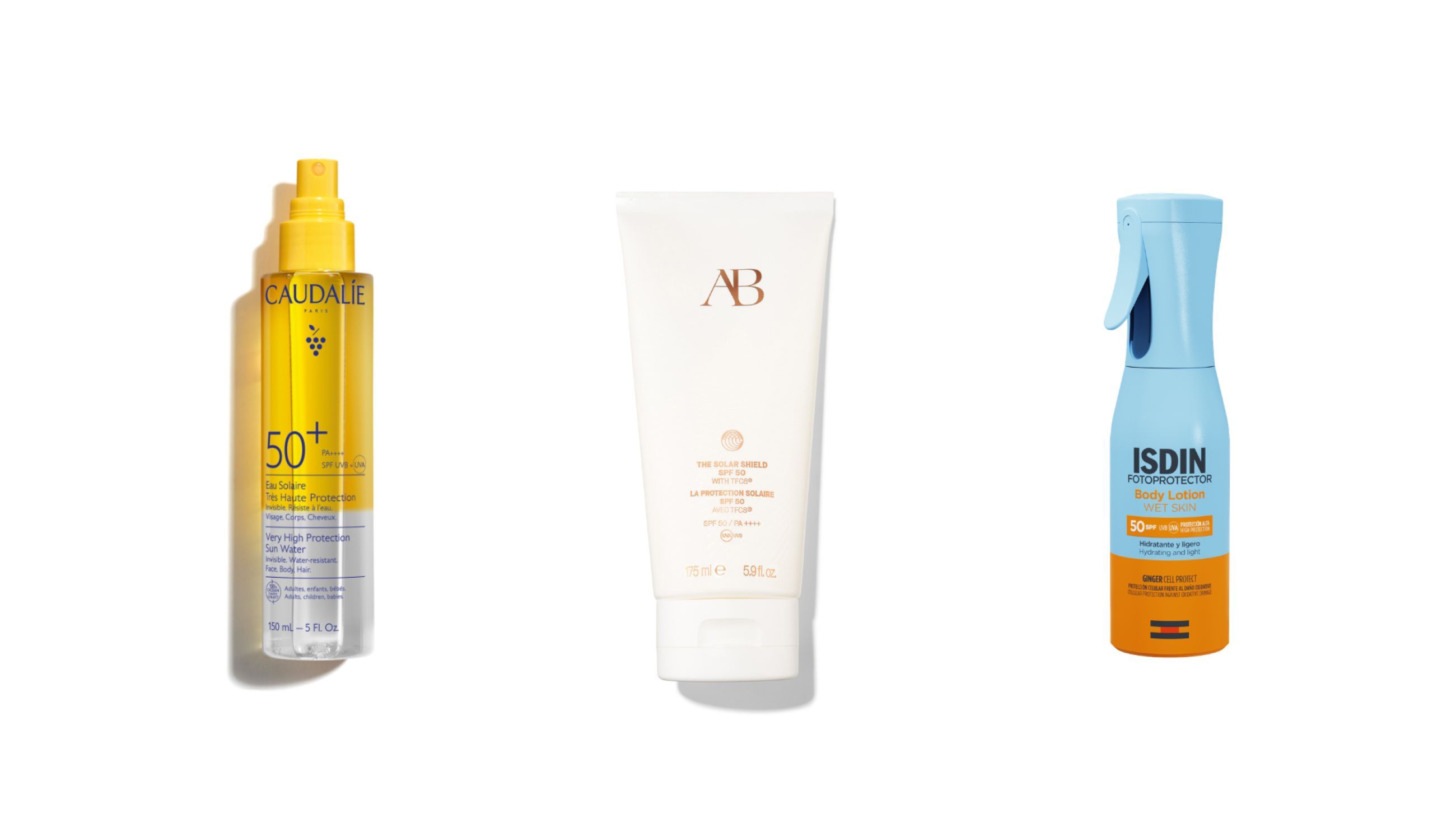 Da sinistra: Caudalie, Acqua Solare SPF50; Augustinus Bader, The Solar Shield SPF50; ISDIN, Fotoprotector Body Lotion - Courtesy Press Office
