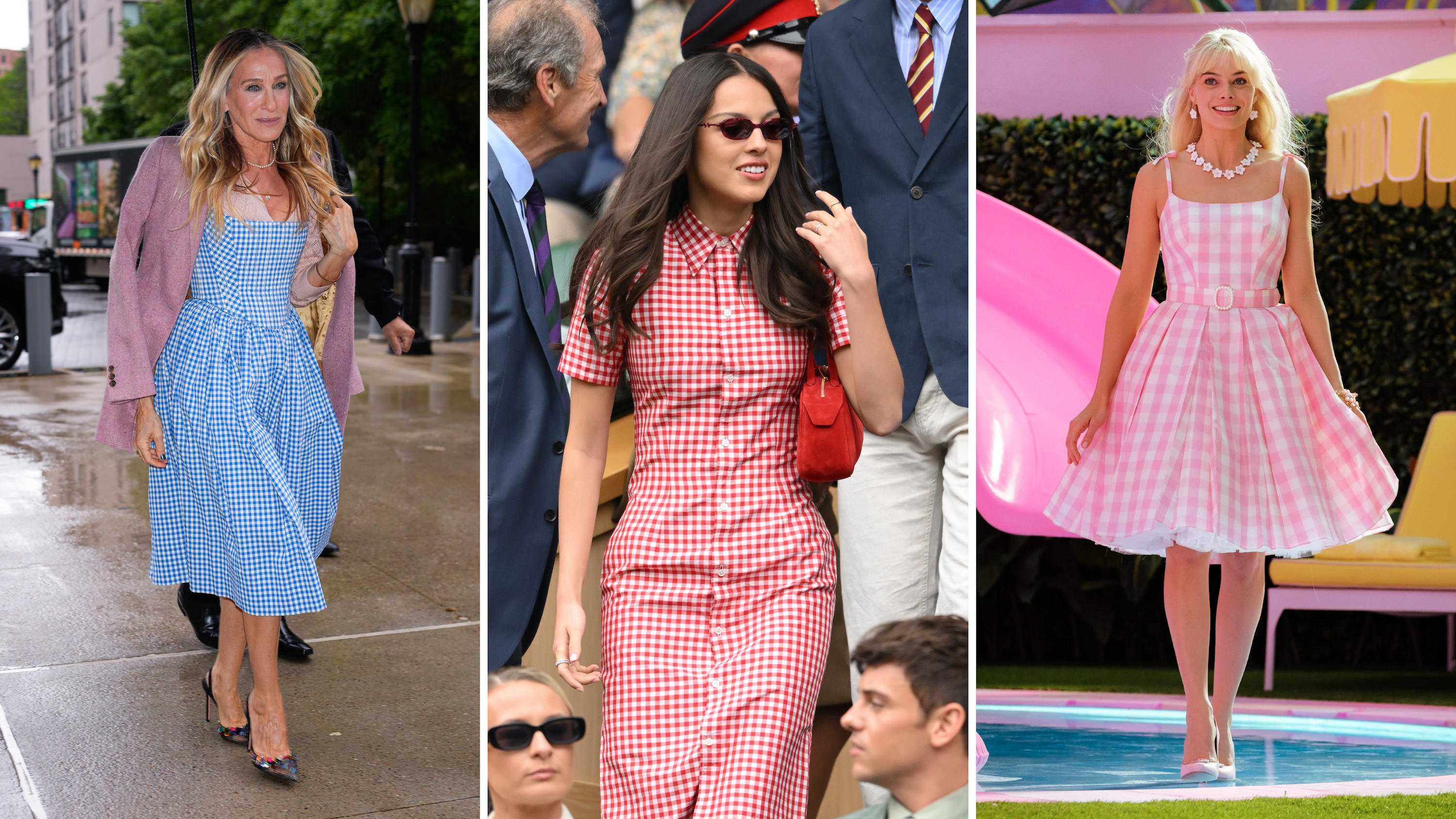 L'attrice Sarah Jessica Parker; La cantante Olivia Rodrigo; L'attrice Margot Robbie sul set del film Barbie
Credits: Getty Images