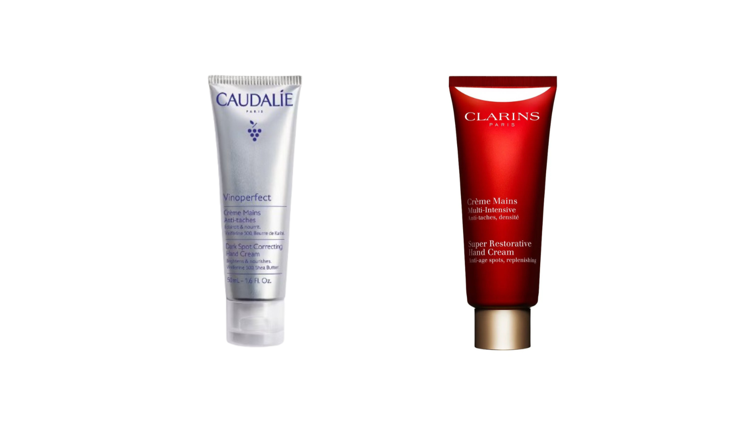 Caudalie, Vinoperfect Crema Mani Antimacchia; Clarins, Super Restorative Hand Cream - Courtesy Press Office