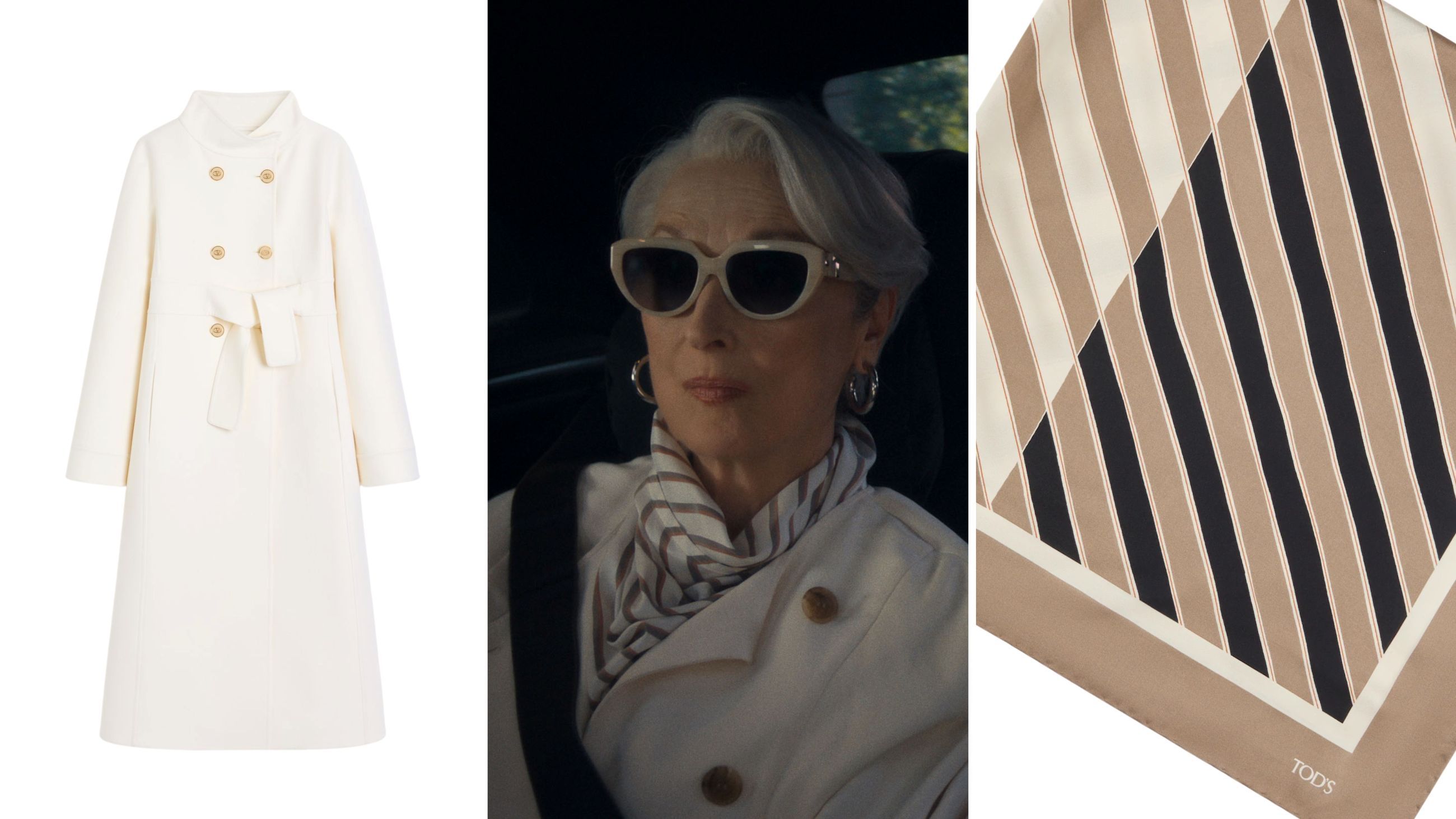Da sinistra: cappotto doppiopetto, Valentino; foulard di seta con motivo a righe, Tod’s - Credits: www.valentino.com; www.tods.com