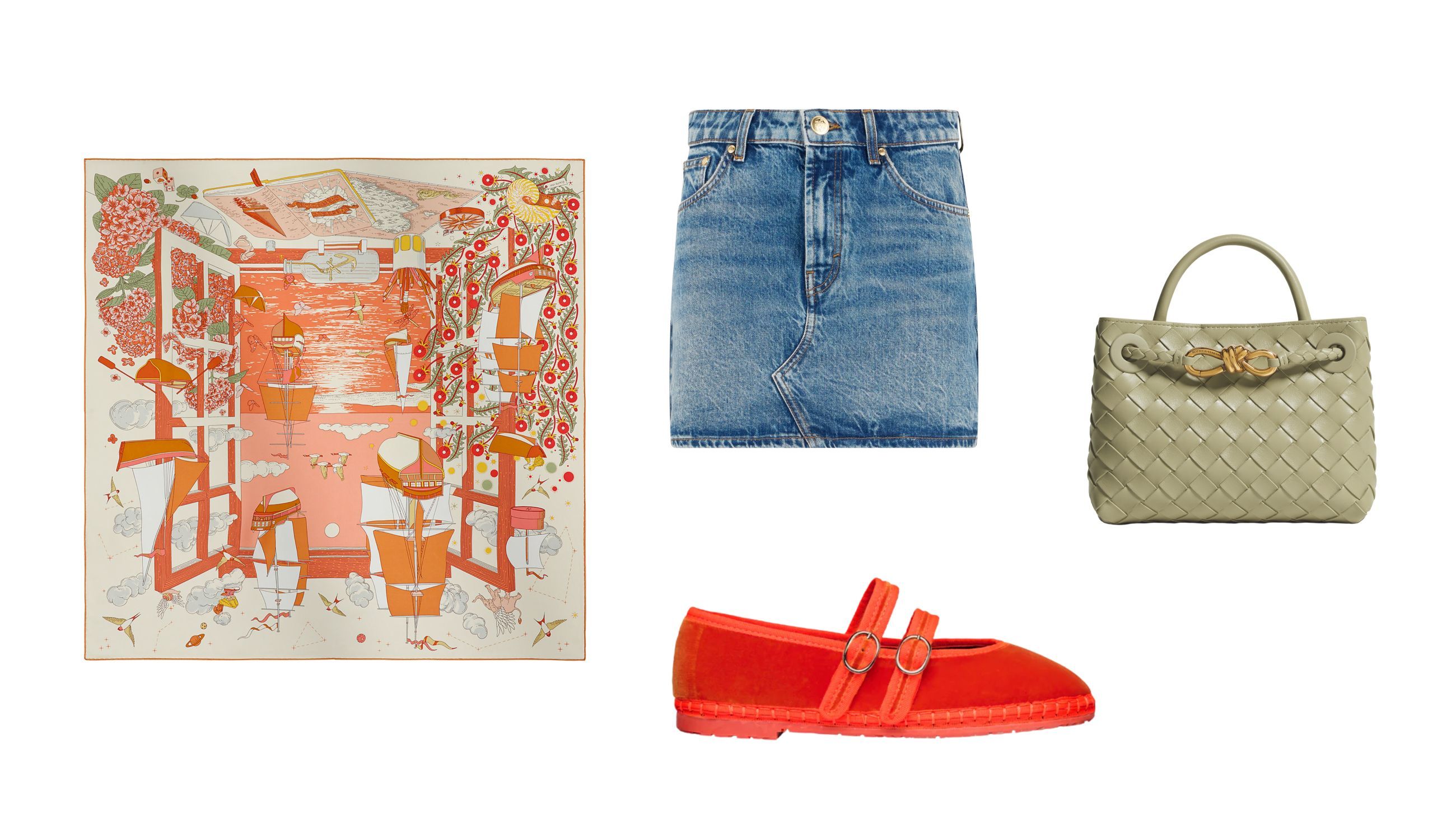 Foulard, Hermès; minigonna, Roberto Cavalli; friulane, Flabelus; borsa, Bottega Veneta