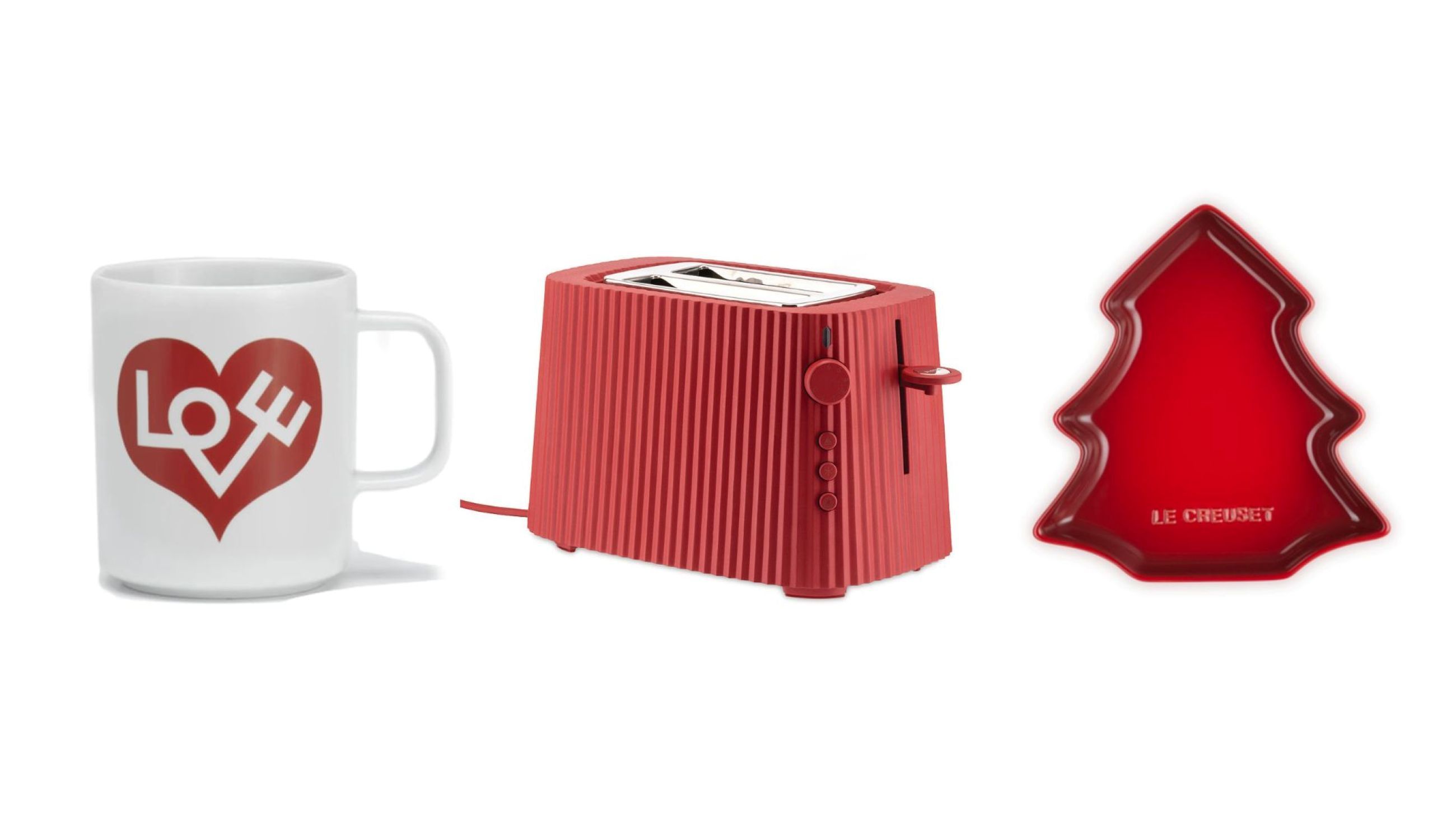 Da sinistra: Mug Love Heart, Alexander Girard per Vitra. Courtesy Vitra; Tostapane Plissé, Michele De Lucchi per Alessi. Courtesy Alessi; Piatto Christmas Tree, Le Creuset - Courtesy Le Creuset 