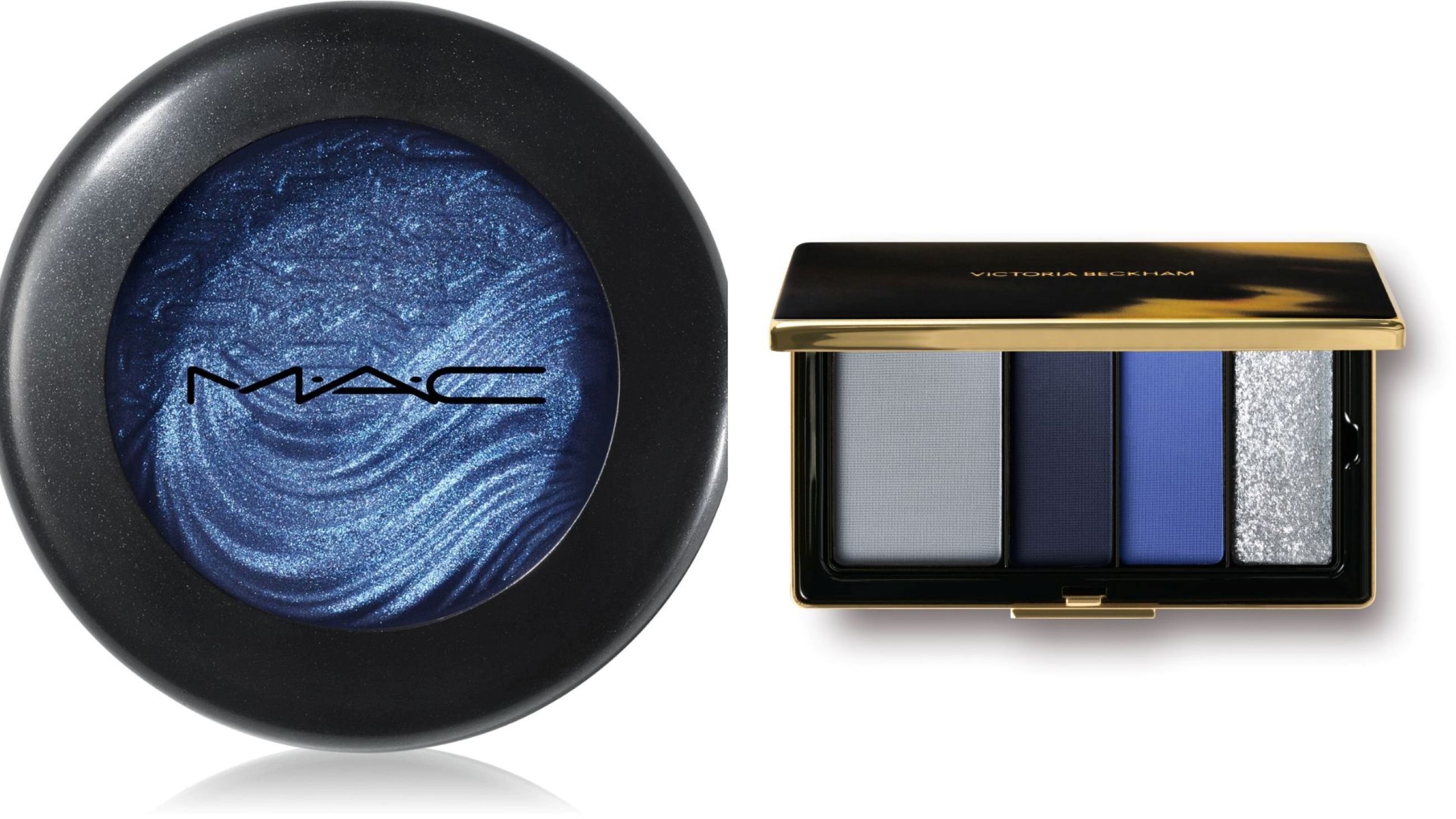 Extradimension Eyeshadow Lunar, Mac Cosmetics; Victoria Beckham Beauty, Eye Wardrobe Palette Navy Noir - Credits: Courtesy Press Office