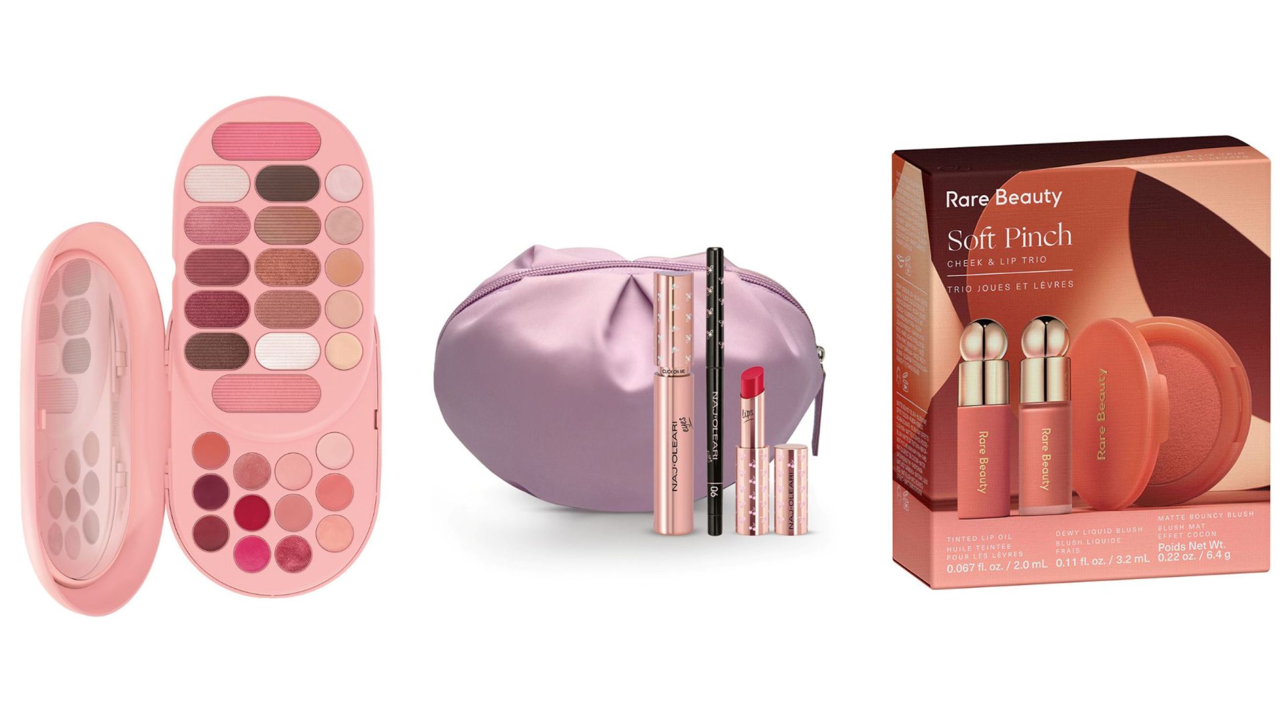 PUPA Milano, Make My Day Palette; Naj Oleari, Sweet Cupcake Kit; Rare Beauty Soft Pinch Cheek & Lip Trio - Credits: Courtesy Press Office