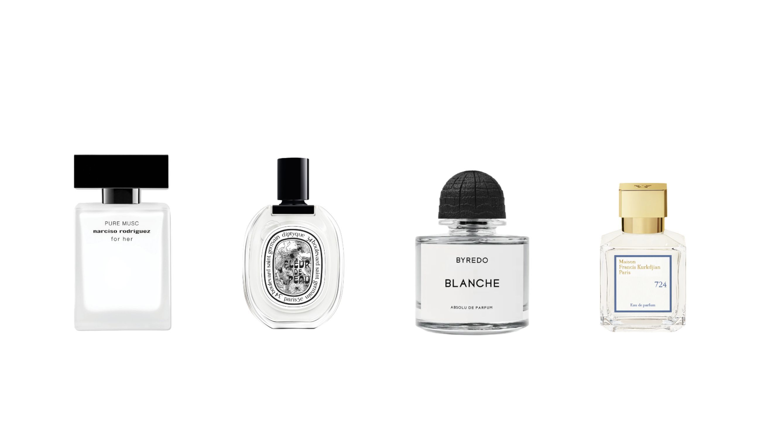 Da sinistra: Narciso Rodriguez, Pure Musc Blanc; Diptyque, Fleur De Peau; Byredo, Blanche; Maison Francis Kurkdjian, 724 - Courtesy Press Office