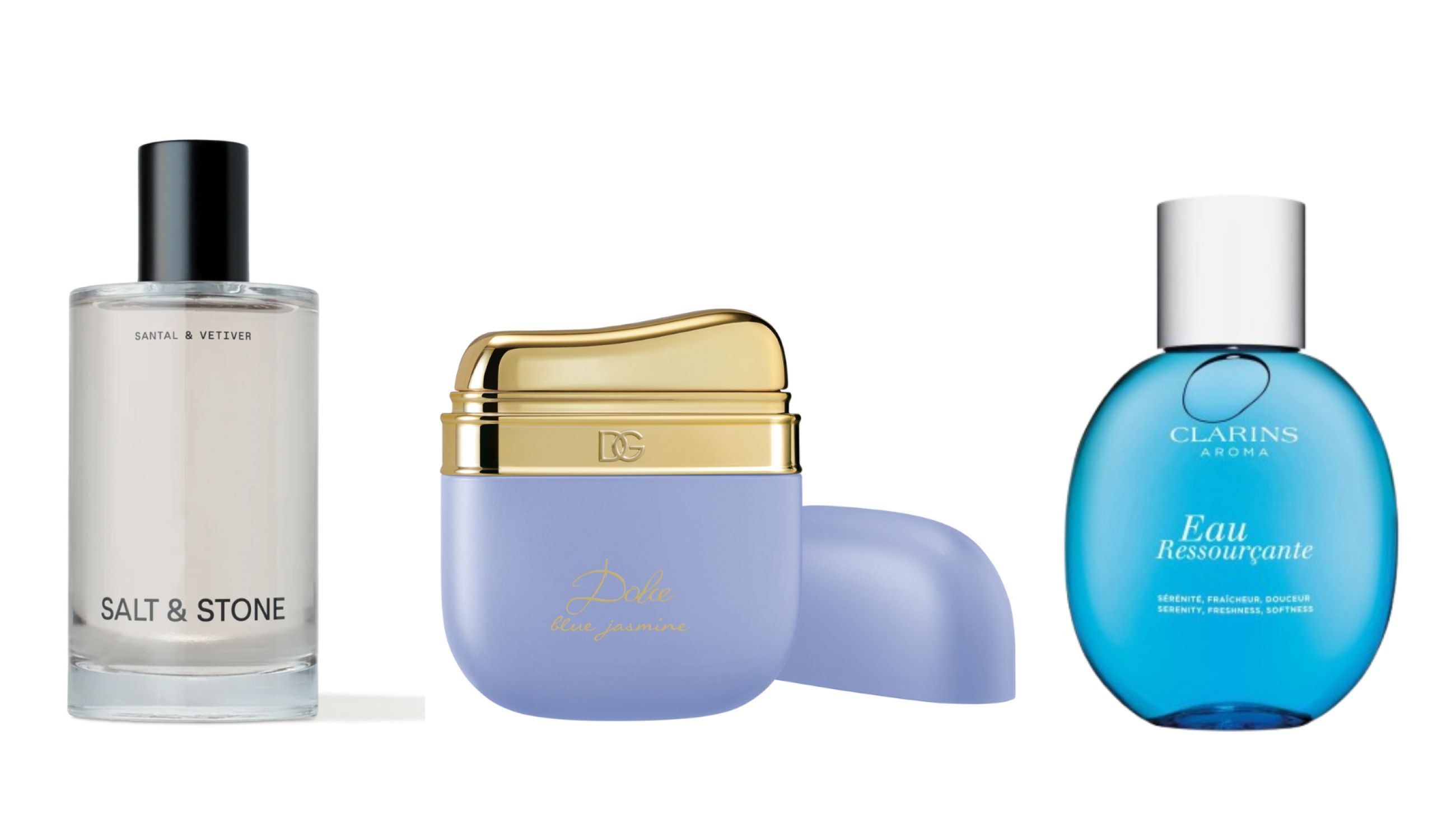 Da sinistra:Salt & Stone, Santal & Vetiver Body Mist; Dolce & Gabbana, Dolce Alcohol-Free Perfume Gel Blue Jasmine; Clarins, Eau Ressourçante - Courtesy Press Office