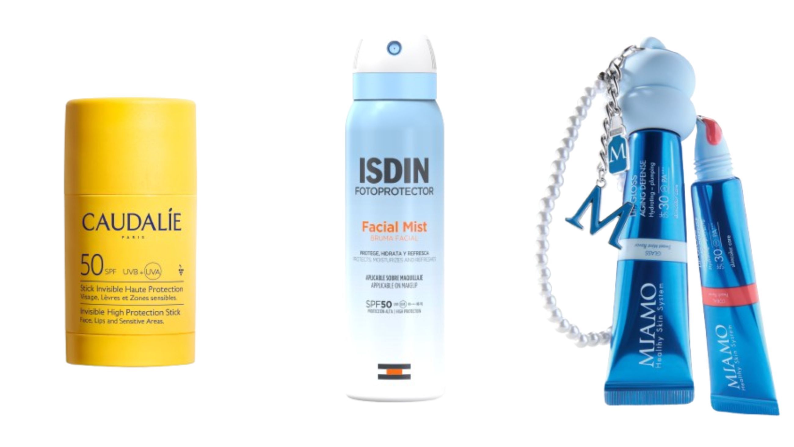 Da sinistra: Caudalie, Stick Invisibile SPF50; ISDIN, Facial Mist SPF50; Miamo, Lip Gloss Aging Defense SPF 30 - Courtesy Press Office