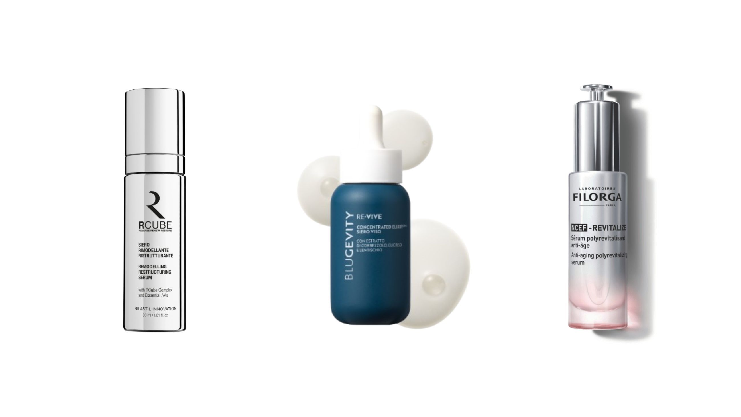 Da sinistra: Rilastil, RCube Siero Rimodellante Ristrutturante; Blugevity, Re-vive Concentrated Elixir Siero Viso; Filorga, NCEF-Revitalize Serum - Courtesy Press Office