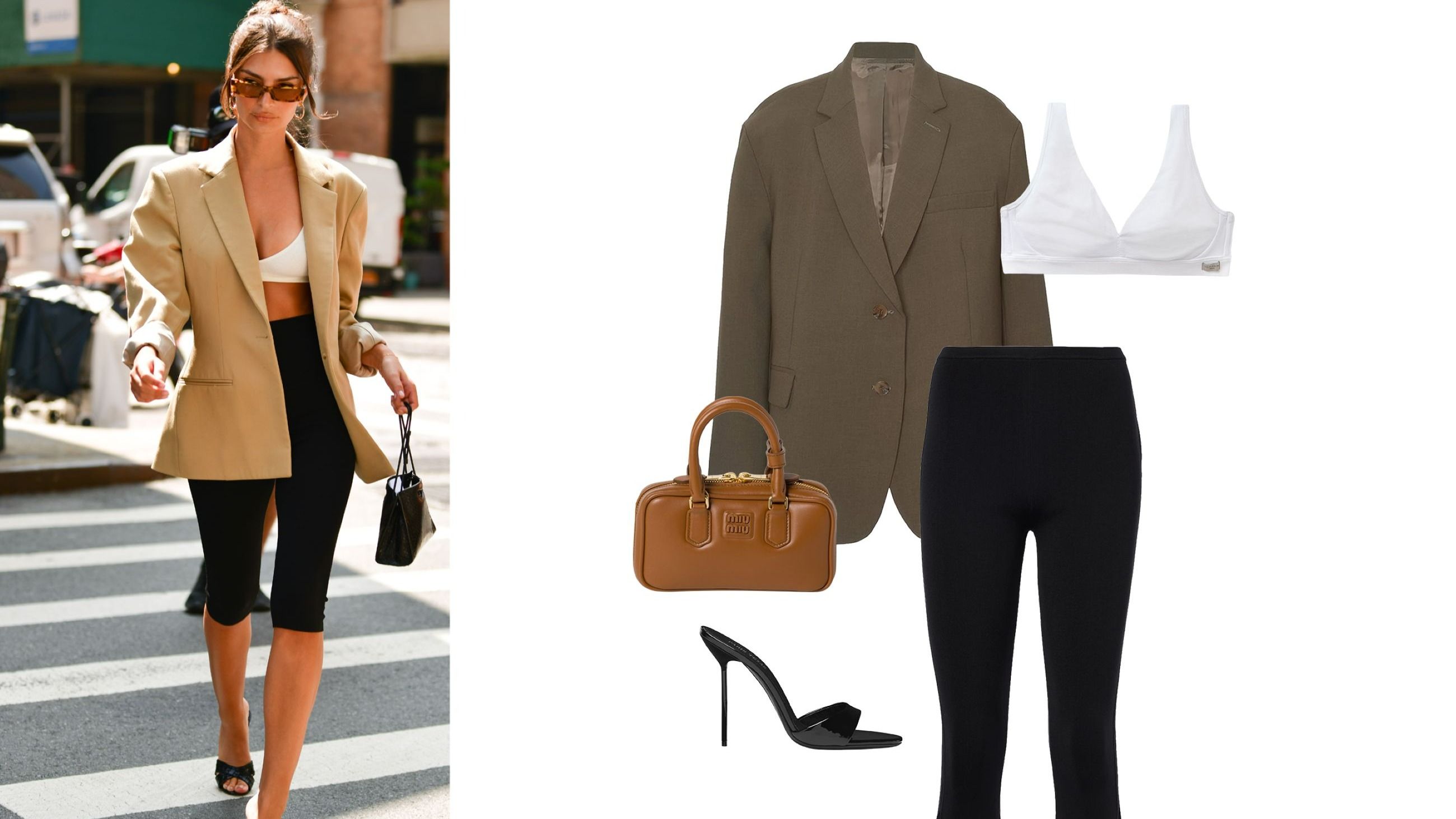 A sinistra: Emily Ratajkowski, nel 2019, con bralette a vista e Capri Pants - Credits Getty Images. Per imitare il suo stile: blazer The Frankie Shop, reggiseno Intimissimi, pantaloni Toteme, mules Paris Texas - Courtesy Brand/Press Office 