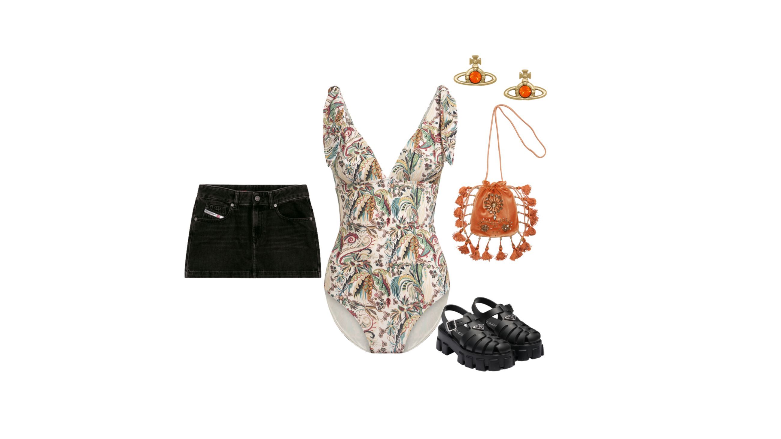 Costume Etro, minigonna Diesel, sandali Prada, borsa Malìparmi, orecchini Vivienne Westwood