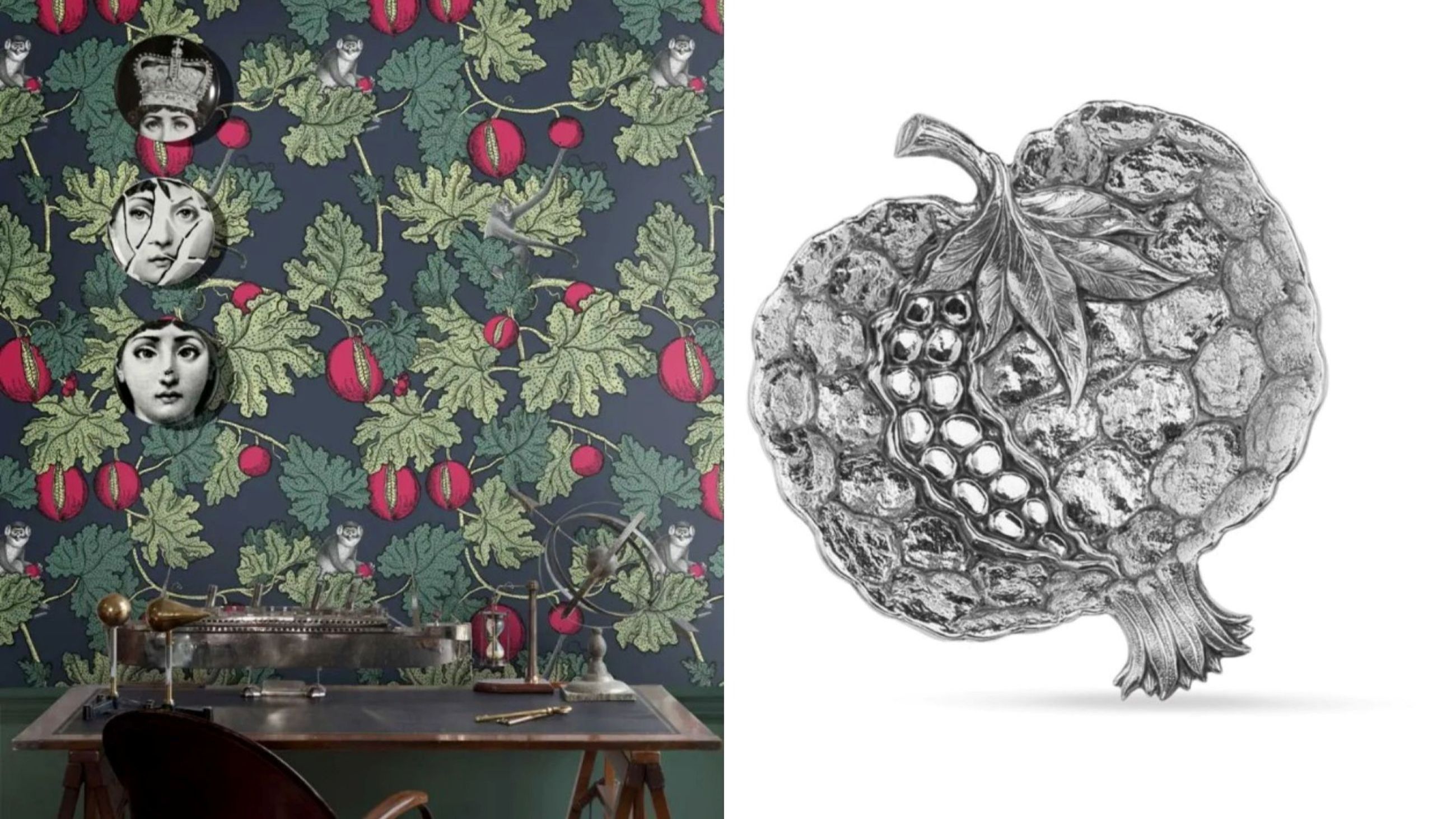 Fornasetti, carta da parati melograno; Buccellati, ciotola in argento cesellato