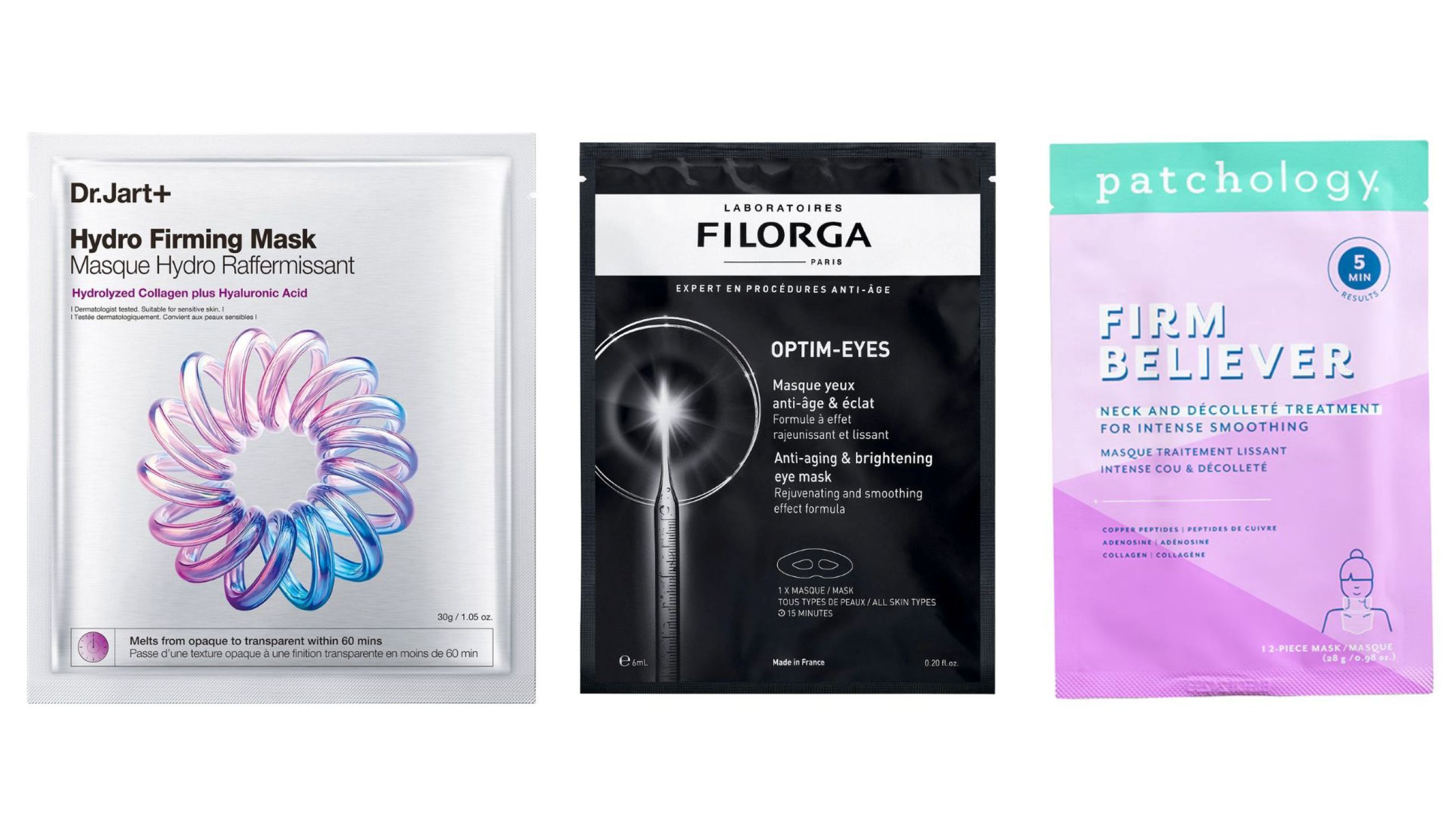 Dr.Jart+, Hydro Firming Mask; Filorga, Optim-Eyes Mask; Patchology, Firm Believer Neck and Decolletee Treatment - Credits: Courtesy Press Office