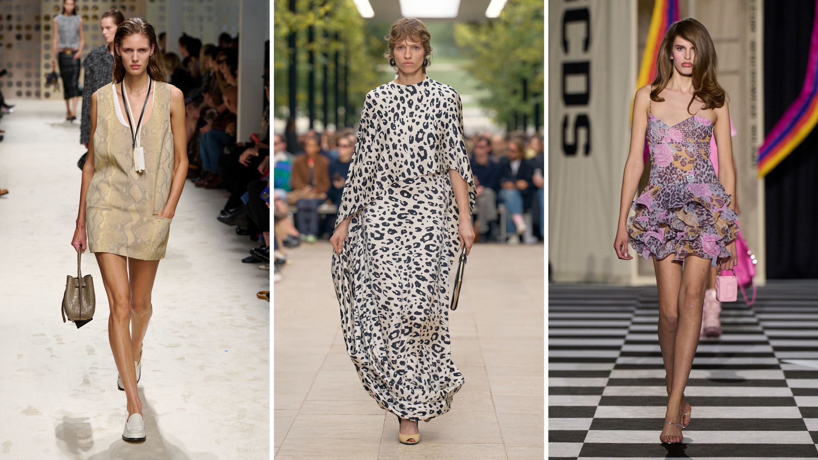 Sulle passerelle PE26: da sinistra, mises di Tod’s, Celine e GCDS - Credits: Launchmetrics.com/Spotlight