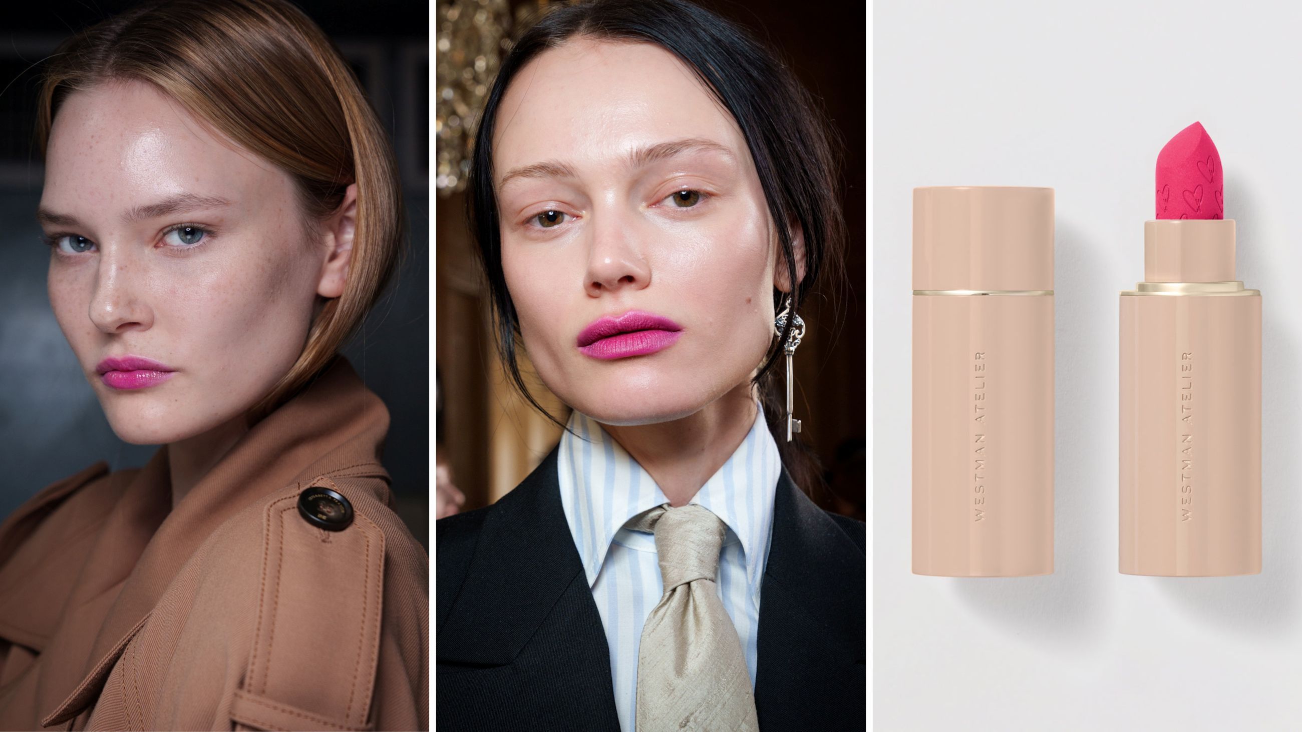 Da sinistra, trucco dalla sfilata di Elisabetta Franchi SS26; beauty look dalla sfilata di Enfants Riches Déprimés SS26 - Credits: Launchmetrics.com/Spotlight; Westman Atelier, Lip Suede - Credits: Ufficio Stampa