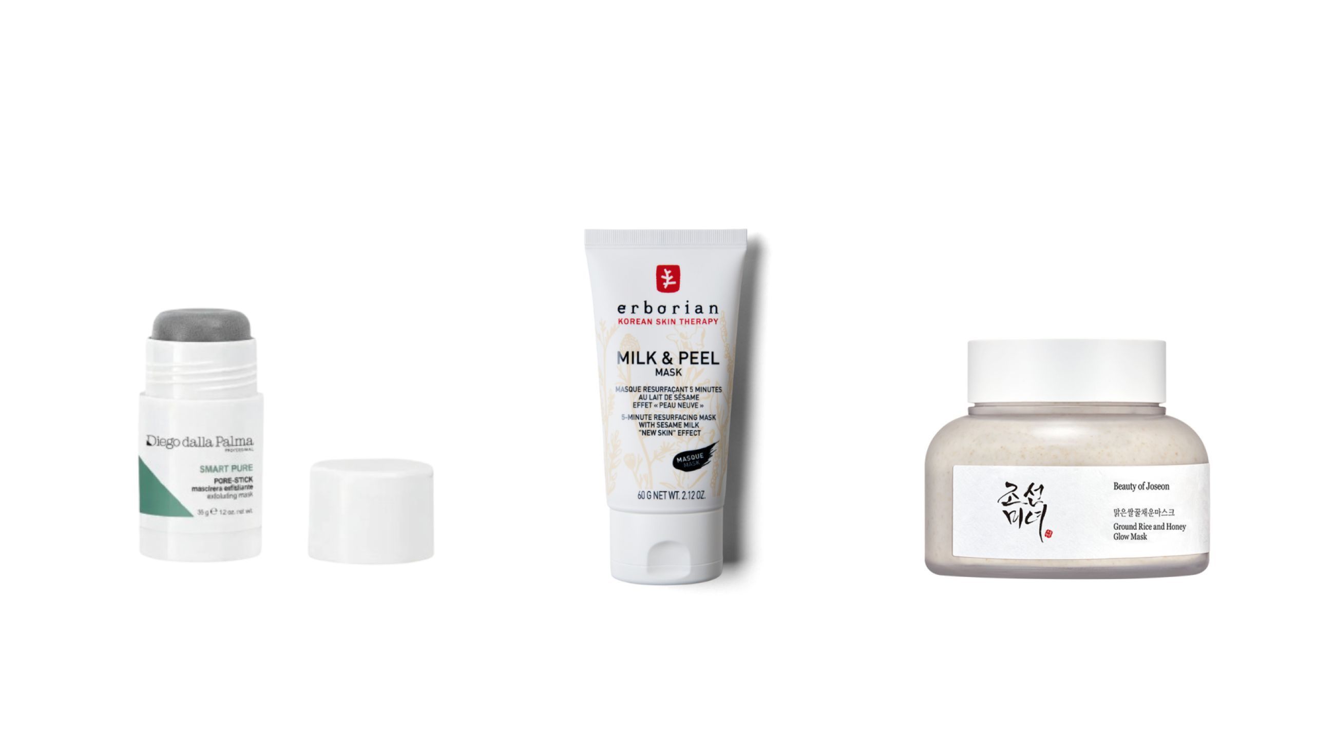 Da sinistra: Diego Dalla Palma, Smart Pure Pore-Stick Maschera Esfoliante; Erborian, Milk & Peel Mask; Beauty of Joseon, Ground Rice and Honey Glow Mask - Courtesy Press Office