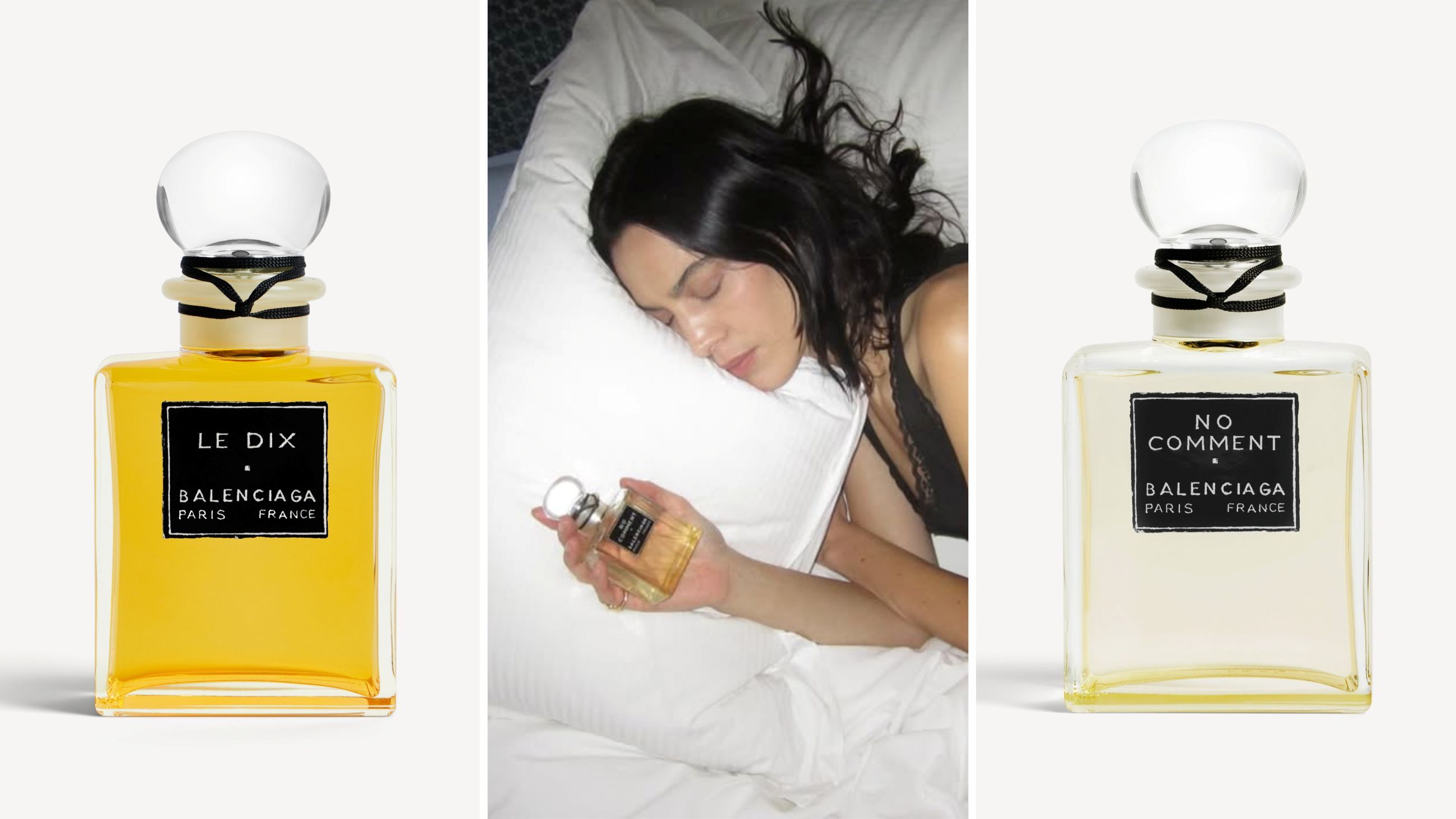 Il profumo iconico “Le Dix”, creazione della maison Balenciaga; al centro Alexa Chung che sogna con in mano una bottiglietta della fragranza “No Comment”, a destra l’essenza nella relativa confezione - Credits: foto dei profumi dal sito www.balenciaga.com; foto Alexa Chung dal profilo Instagram della socialite