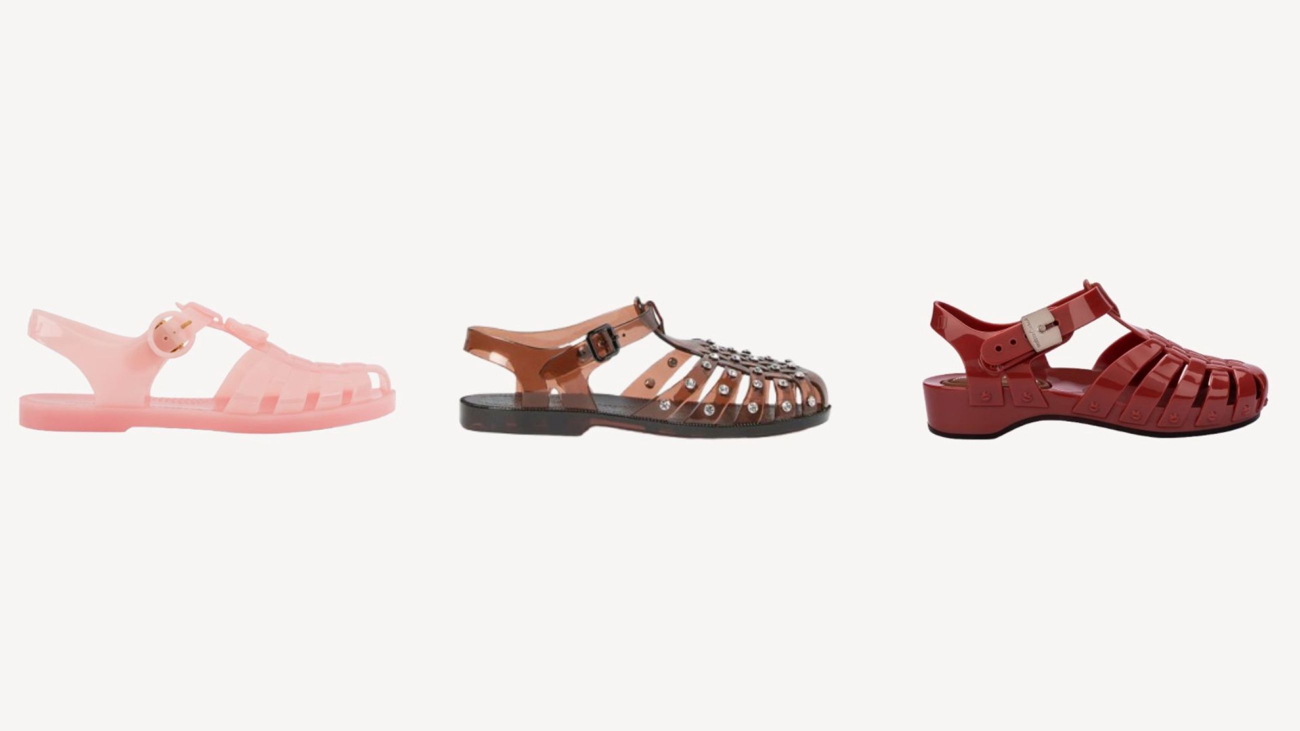 Da sinistra: sandali fisherman versione jelly Gucci, Loeffer Randall, Scholl Gucci - Credits: Courtesy Press Office