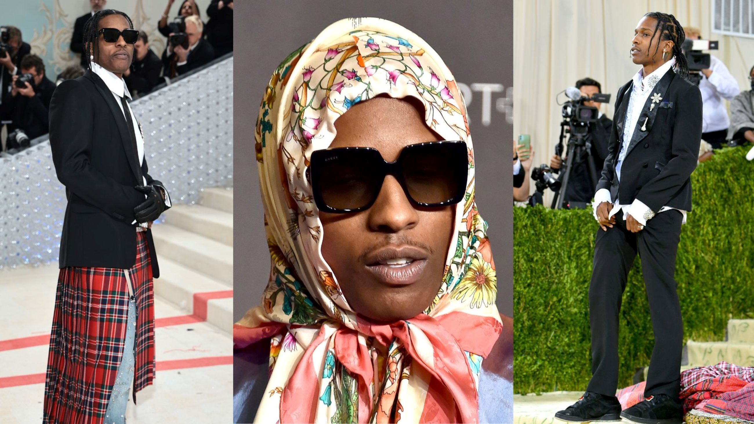 Da sinistra: A$AP Rocky indossa un kilt al Met Gala 2023; A$AP Rocky indossa il foulard come bandana; A$AP Rocky indossa un completo Dior al Met Gala 2021 