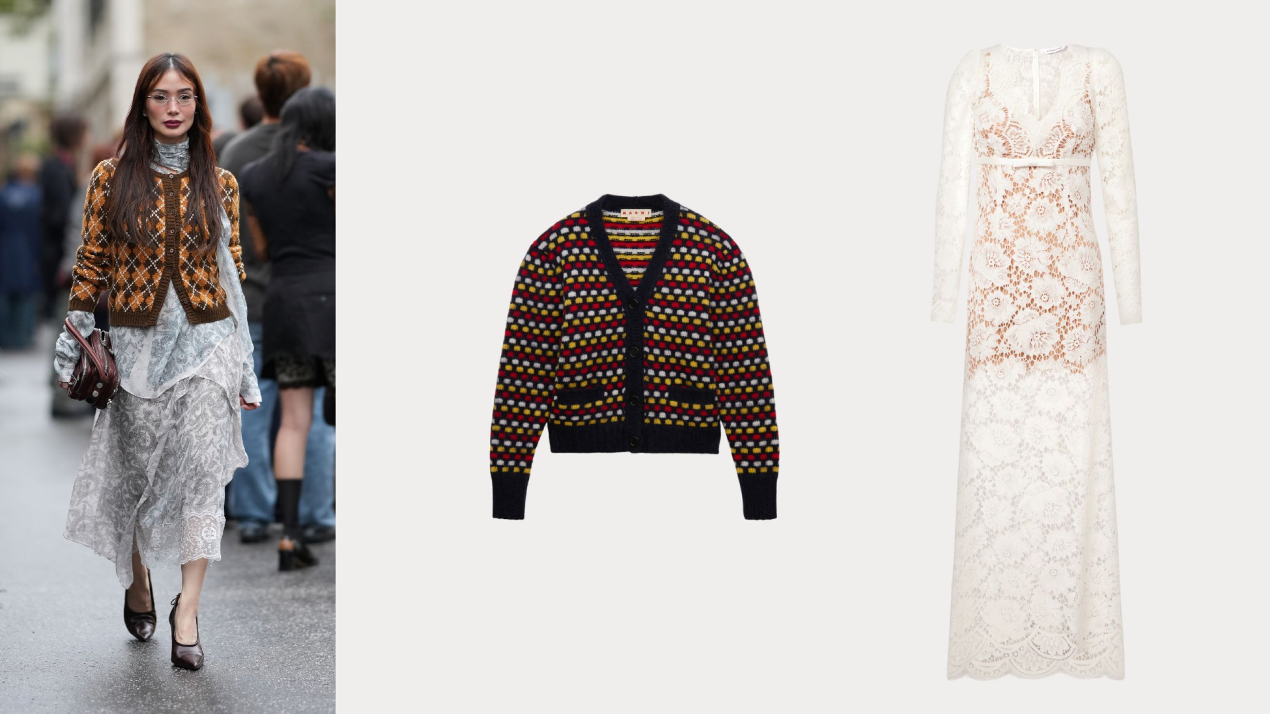 Da sinistra: Credits Getty Images; Cardigan Woolrich; Vestito Self-Portrait