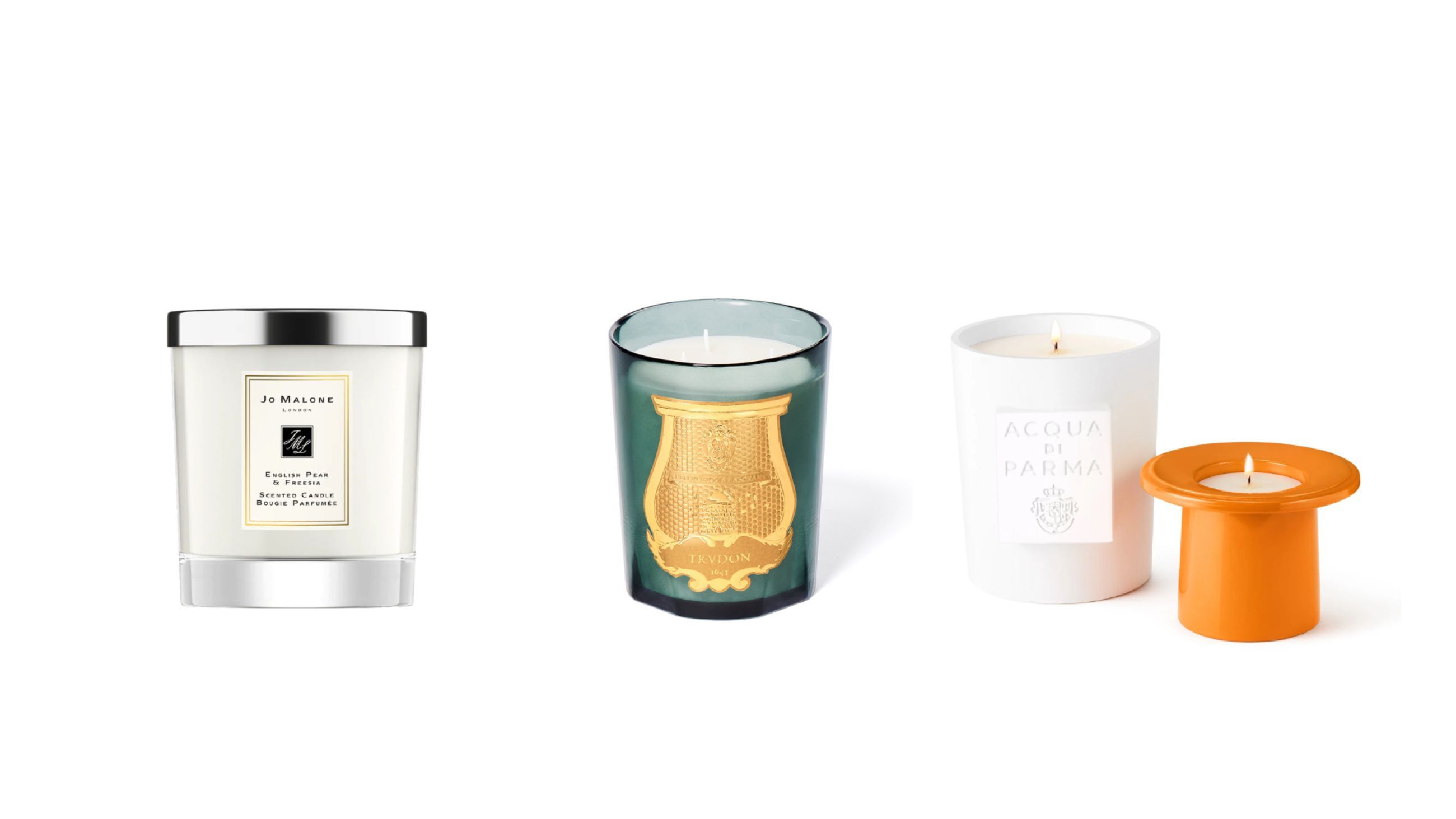 Da sinistra: Jo Malone London, English Pear and Freesia Candela; Trvdon, Figuerie Candela Profumata; Acqua di Parma, Candela Le Chapeau! Buongiorno - Courtesy Press Office 