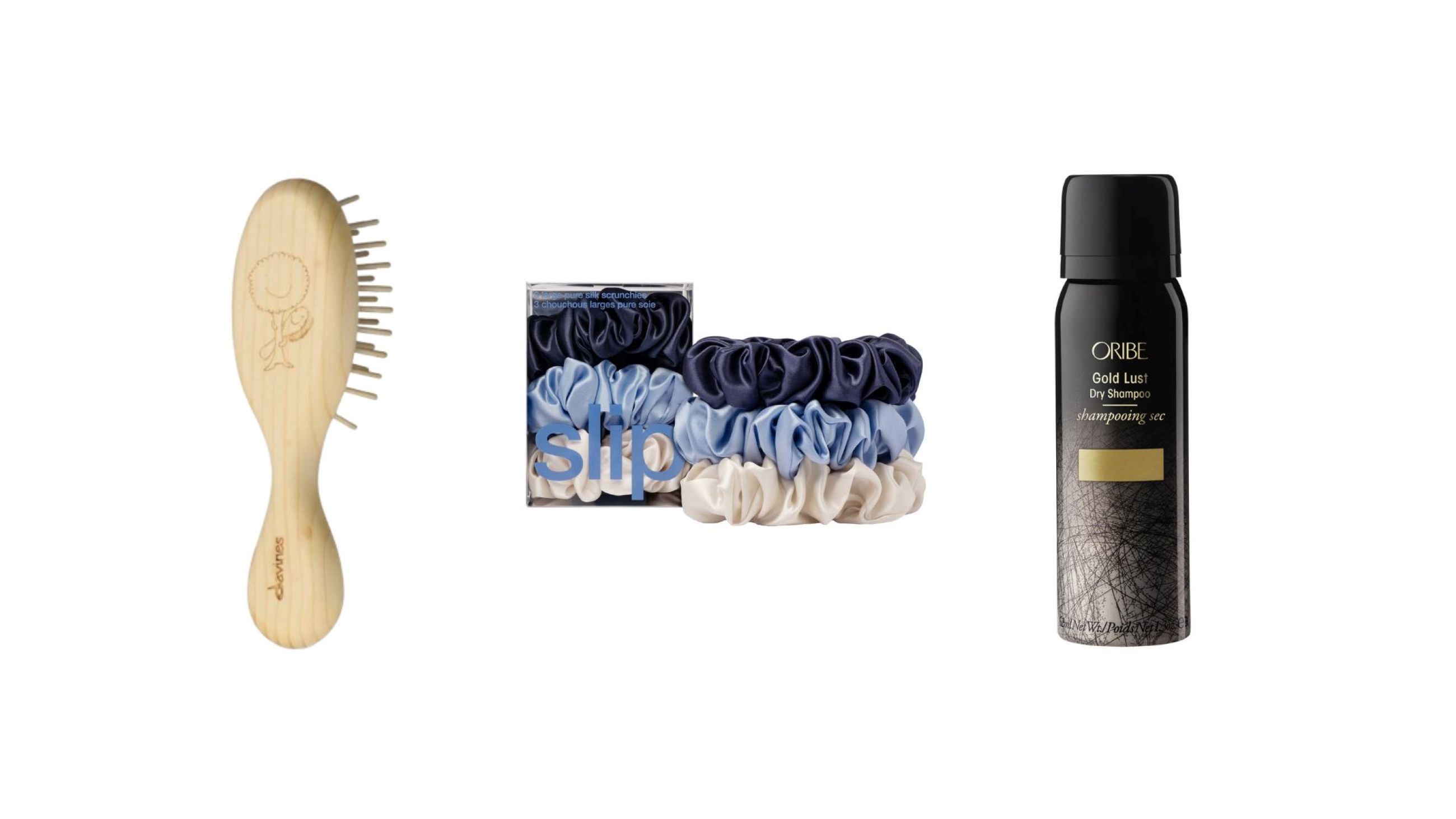 Tek per Davines, Spazzola in legno riciclato; Oribe, Gold Lust Dry Shampoo; Slip, Silk Scrunchie Set - Credits: Courtesy Press Office