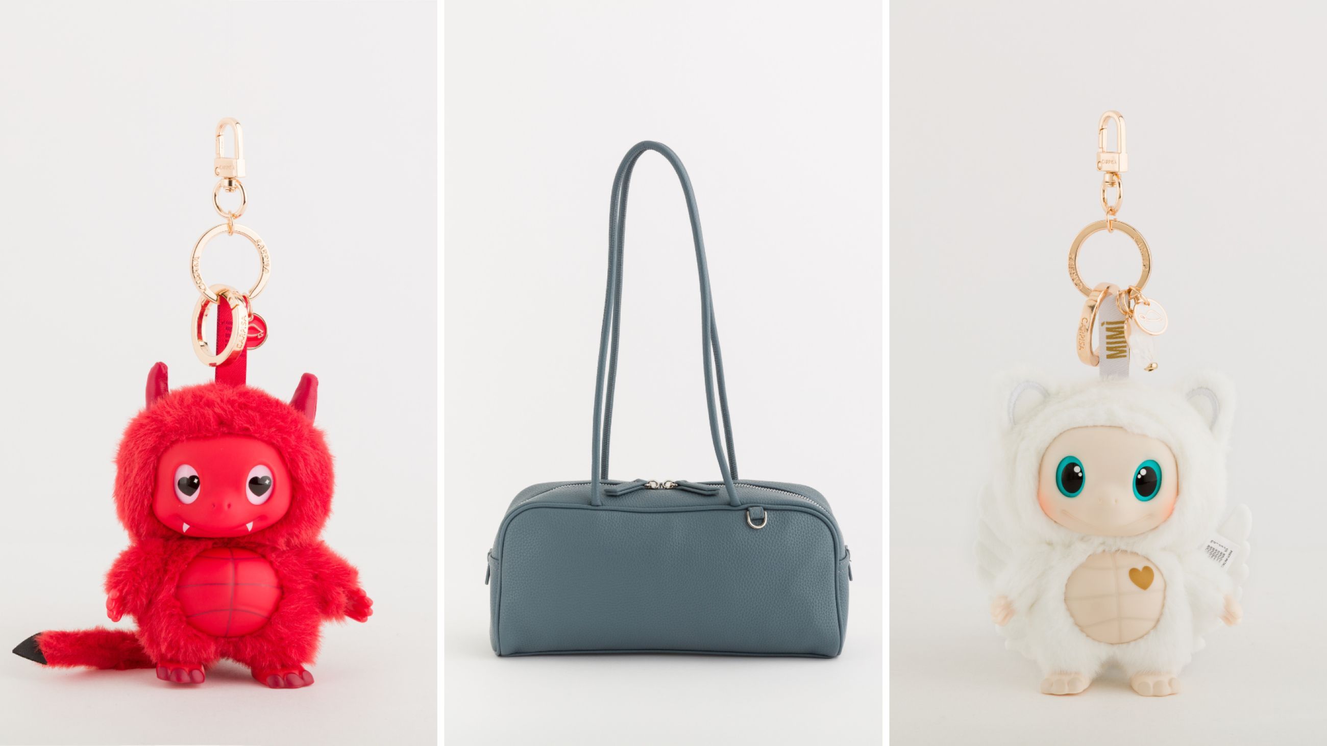 Da sinistra: Charm Mimì Good, borsa Mimì e charm Mimì Angel, tutto Carpisa