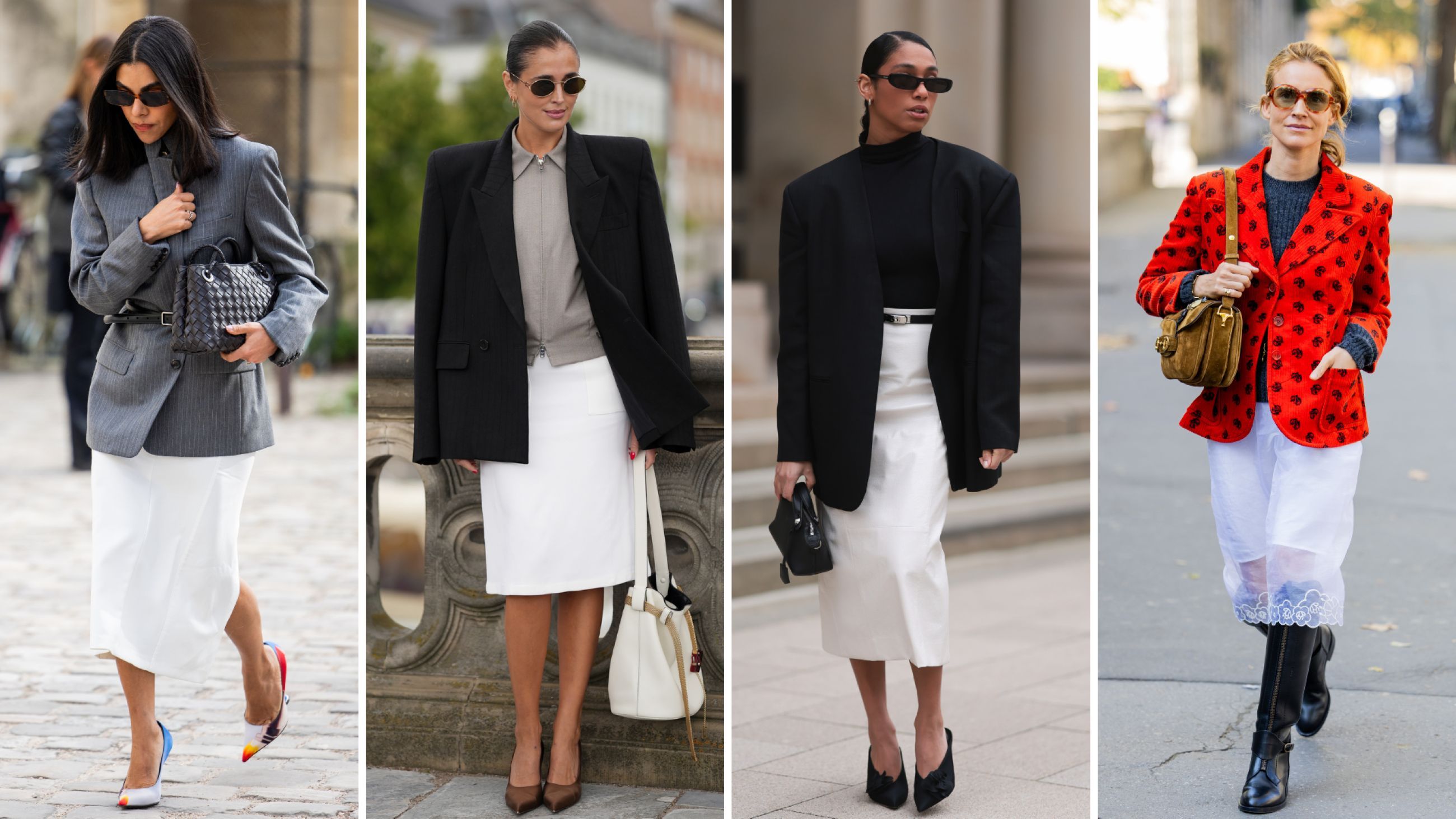 Da sinistra: Street Style durante la Settimana della Moda di Parigi - Collezione Donna Autunno/Inverno 2026/2027; Daria Barannik durante la Copenhagen Fashion Week, 2025; Cherifa Akili ad Amburgo, 2024; Blanca Miro Scimieri durante il Womenswear Primavera Estate 2026 alla Paris Fashion Week - Credits Getty Images