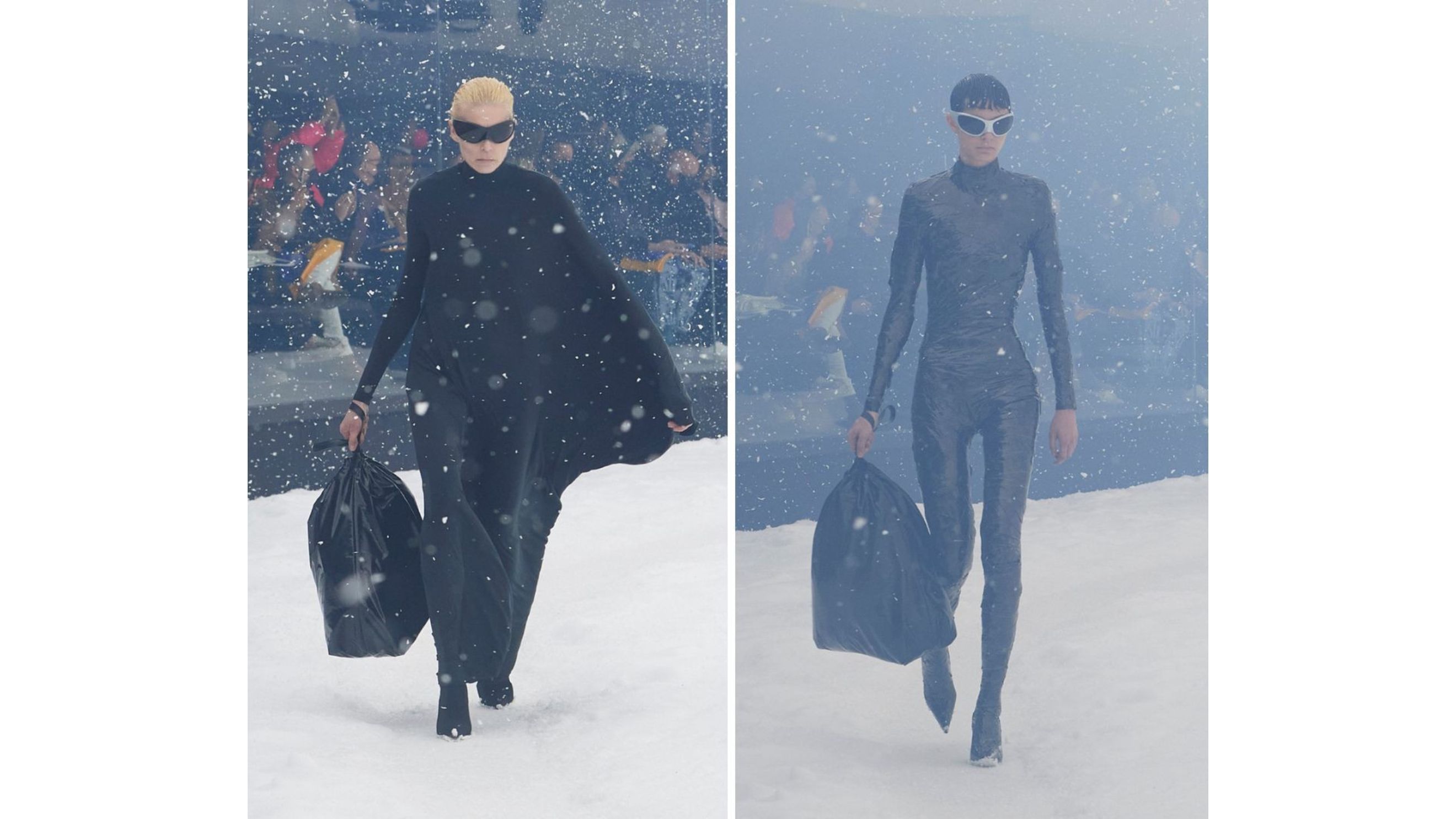 La “trash pouch ” in due look di apertura della FW22 di Balenciaga - Credits: Launchmetrics.com/Spotlight 