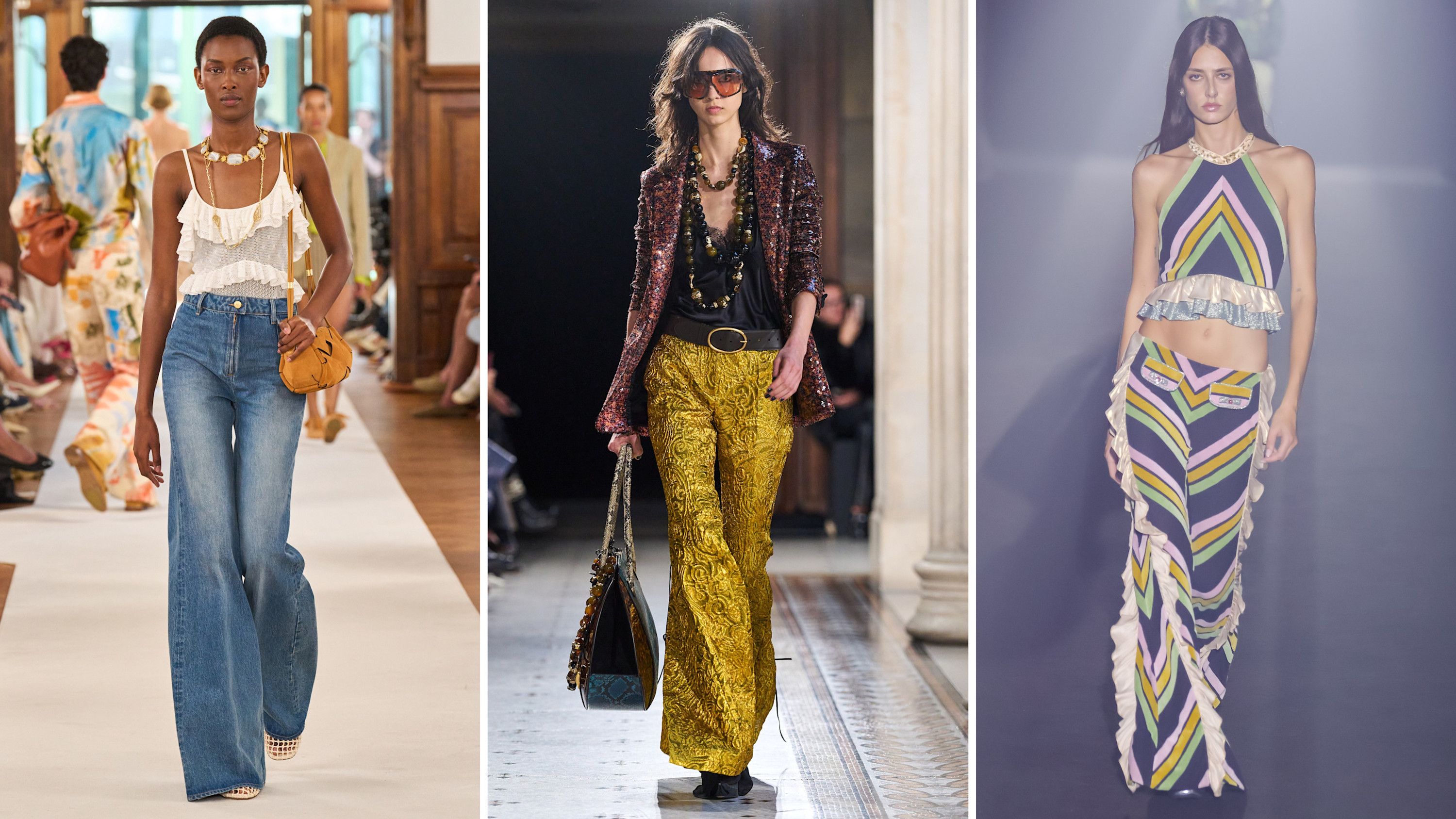 Dalle collezioni SS26: da sinistra, outfit Ulla Johnson; Nina Ricci; Custo Barcelona - Credits: Launchemtrics.com/Spotlight
