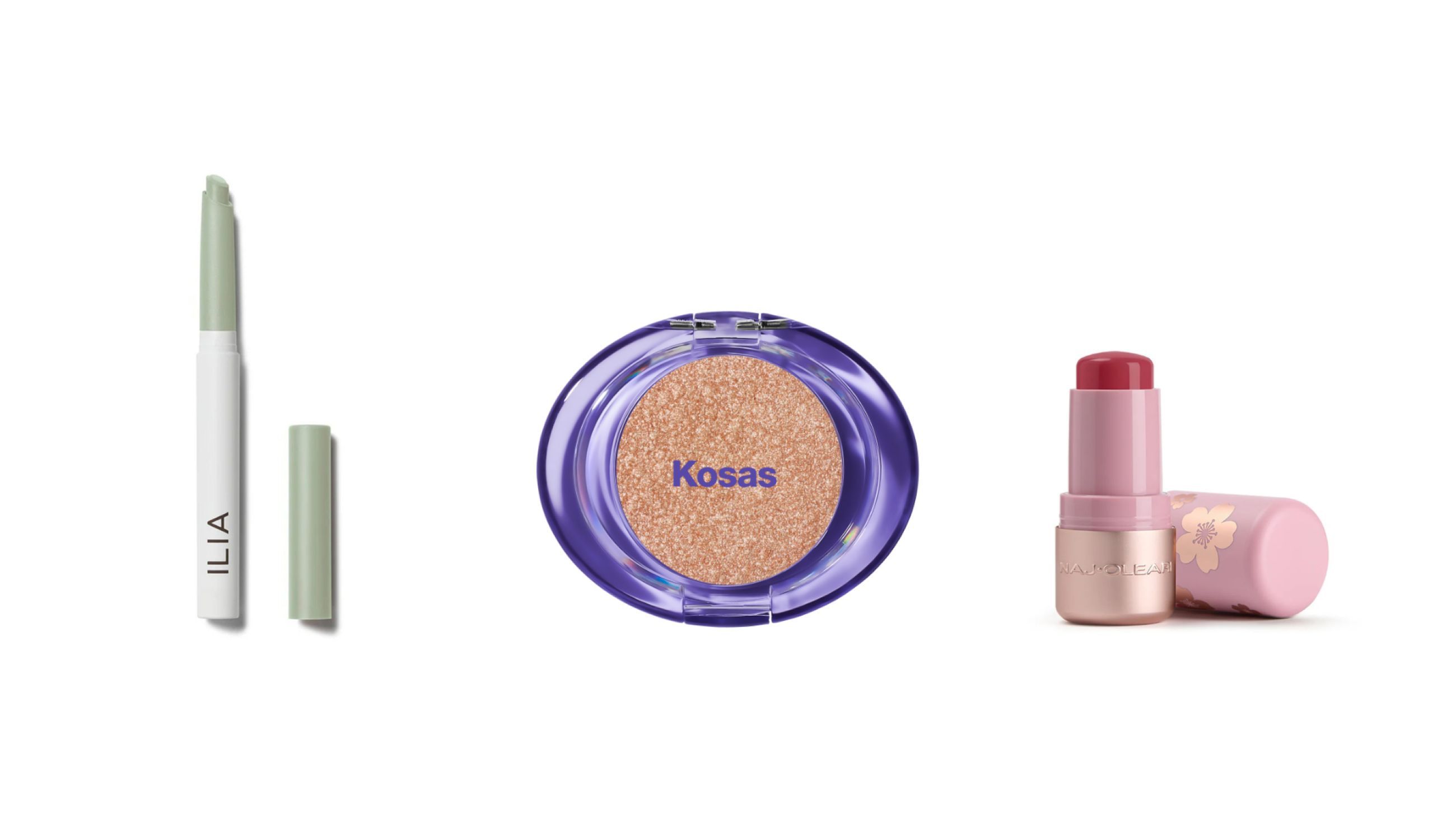 Da sinistra: Ilia Beauty, Eye Stylus Eyeshadow Stick; Kosas, Shiny Objects Illuminante; Naj Oleari Beauty, Bloom Up Blush Stick - Courtesy Press Office