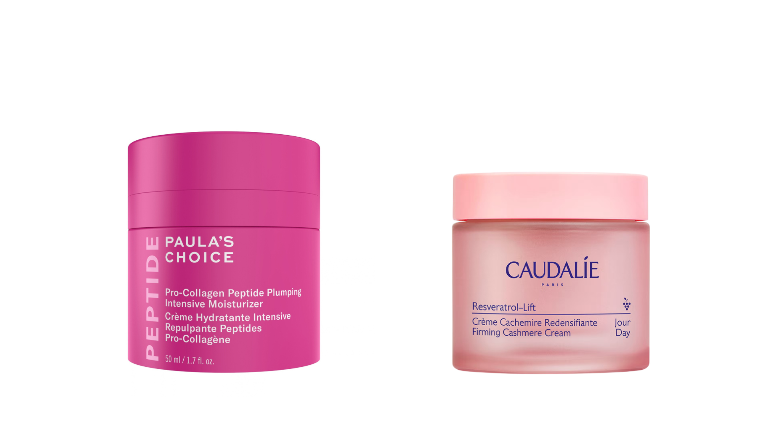 Da sinistra: Paula's Choice, Pro-Collagen Peptide Plumping Intensive Moisturizer; Caudalie, Resveratrol Lift Firming Cashmere Cream - Courtesy Press Office