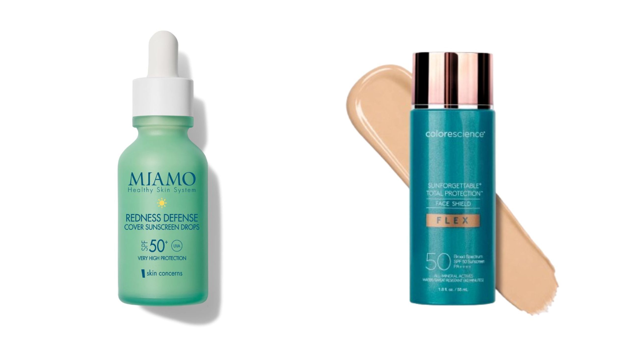 Miamo, Redness-Defense Cover Sunscreen Drops; Colorescience, Sunforgettable Total Protection Face Shield - Credits: Courtesy Press Office
