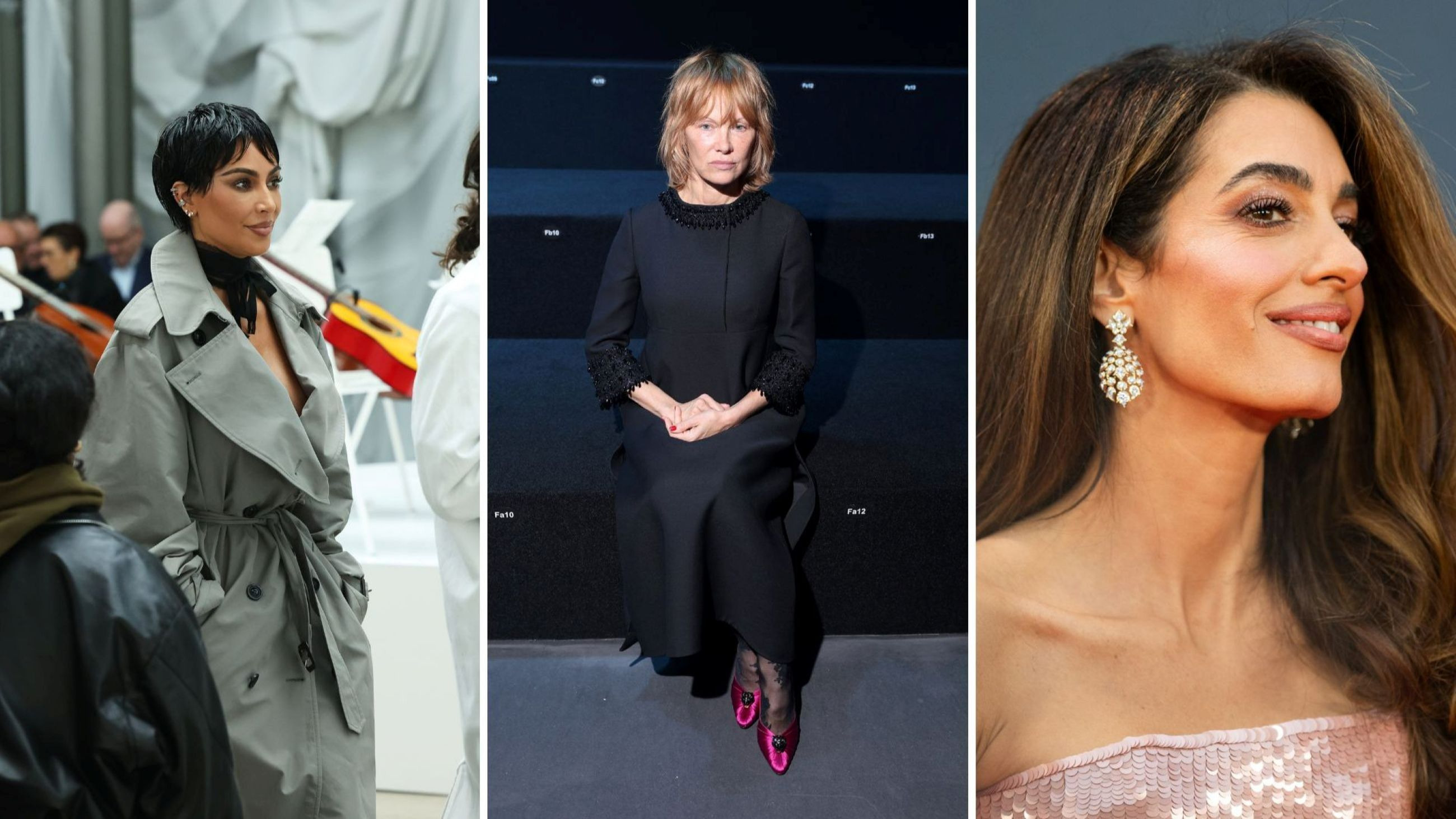 Kim Kardashian alla sfilata Maison Margiela Womenswear Primavera/Estate 2026 durante la Settimana della Moda di Parigi 2025; Pamela Anderson alla sfilata di Valentino durante la Settimana della Moda di Parigi 2025; Amal Clooney alla Headline Gala “Jay Kelly” durante la 69ª edizione del BFI London Film Festival alla Royal Festival Hall, 2025 - Credits: Getty Images