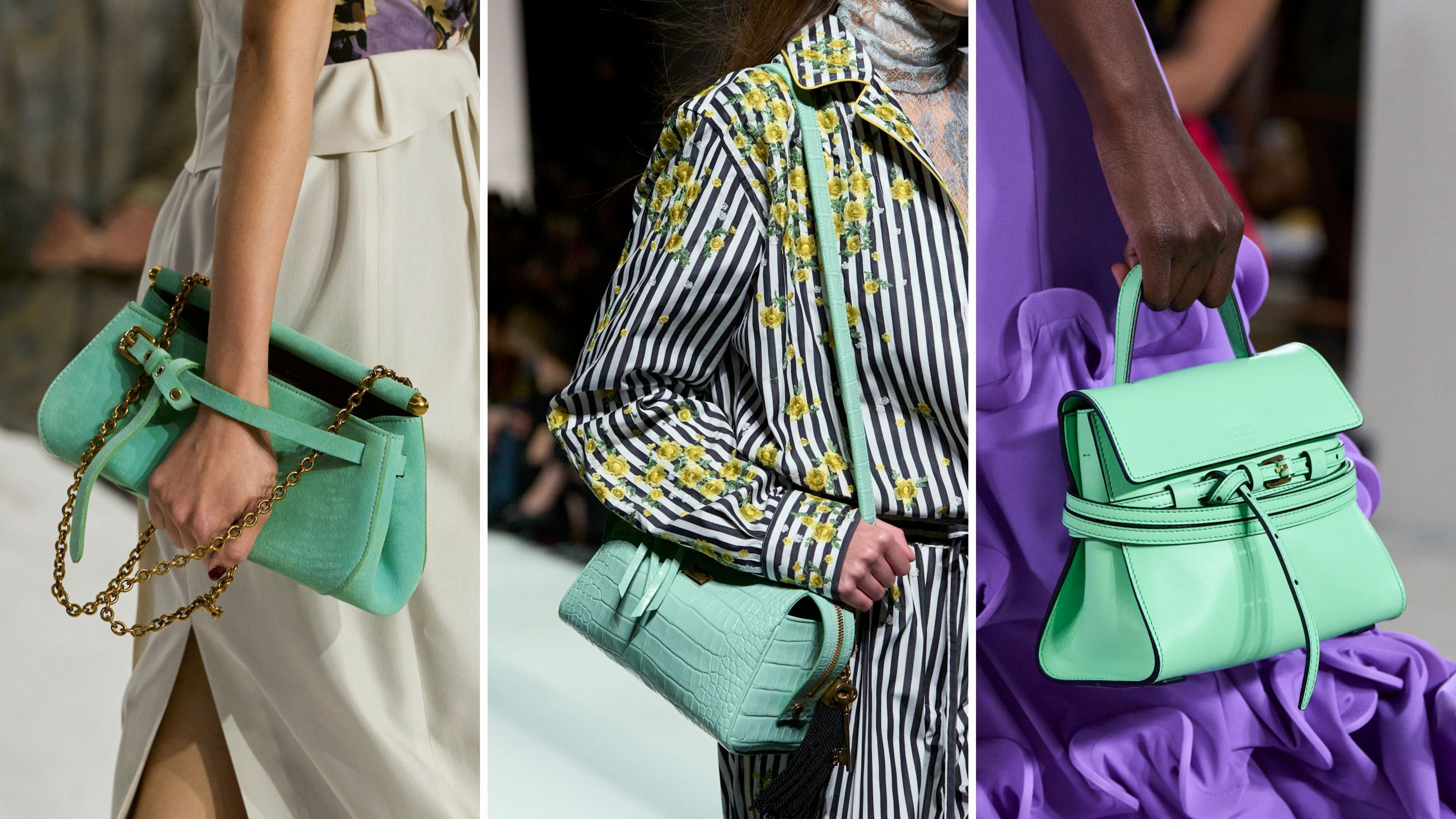 Dalle passerelle PE26: ecco le borse che “profumano” di verde menta. Da sinistra, accessori di Antonio Marras, Dolce&Gabbana e Moschino - Credits: Launchmetrics.com/Spotlight