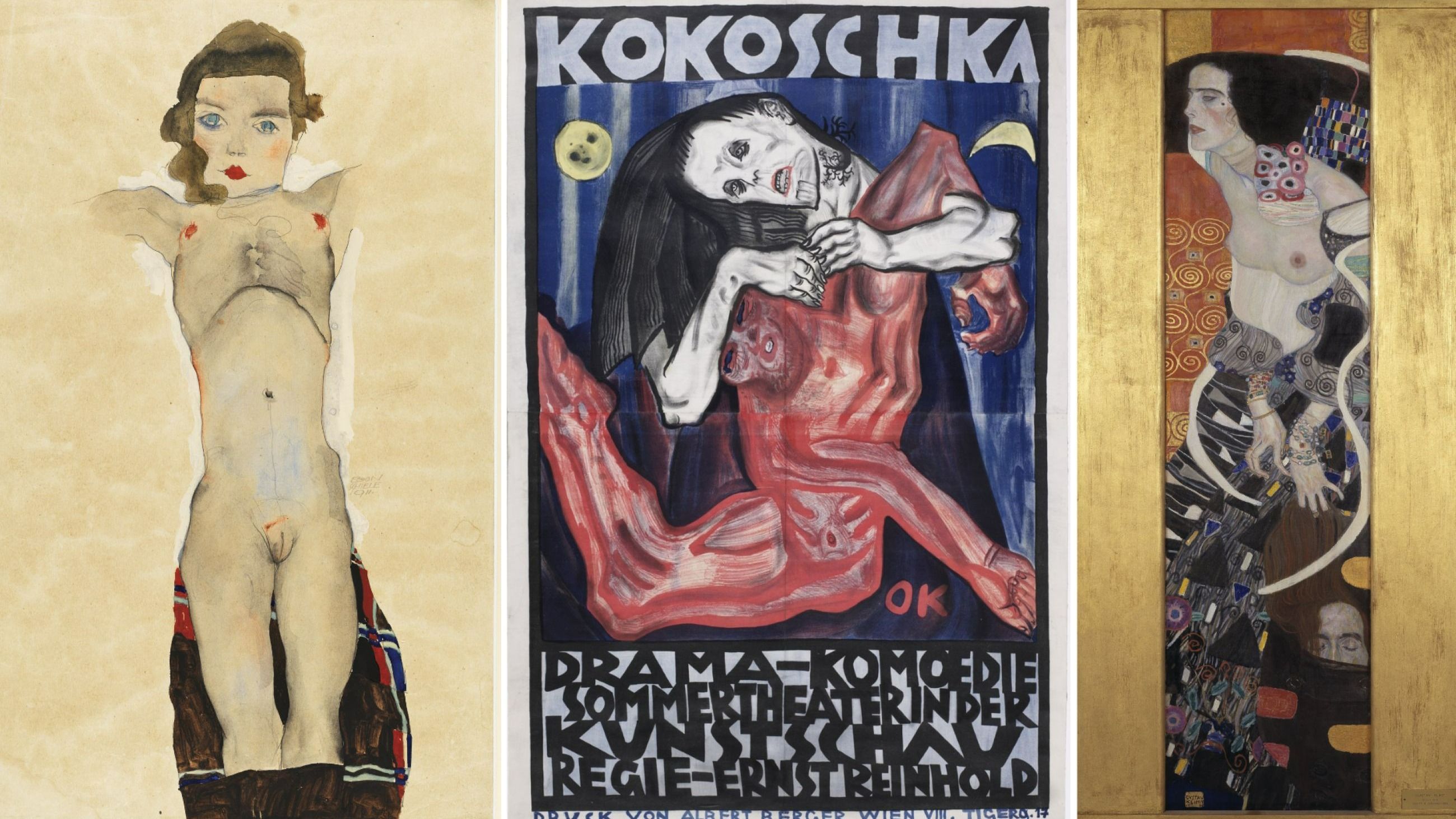 Da sinistra: Egon Schiele. Nudo disteso con le braccia dietro la schiena, 1911. Acquerello, guazzo e matita su carta, mm 480 x 315. Inv. 738 (1977.11). Madrid, Museo Nazionale Thyssen-Bornemisza © Museo Nacional Thyssen-Bornemisza, Madrid; Gustav Klimt. Giuditta II (Salomè), 1909. Olio su tela, cm 176 × 46. Inv. 446. Acquisto Biennale 1910. Venezia, Fondazione Musei Civici di Venezia; Oskar Kokoschka. Pietà, 1908, pubblicato nel 1909. Litografia in nero, blu, giallo, rosso, grigio-blu su carta per manifesti montata su tela di linoleum, mm 1236 × 810. Inv. FOK 0236. Vevey, Musée Jenisch Vevey – Foundation Oskar Kokoschka © Fondation Oskar Kokoschka / 2026, ProLitteris