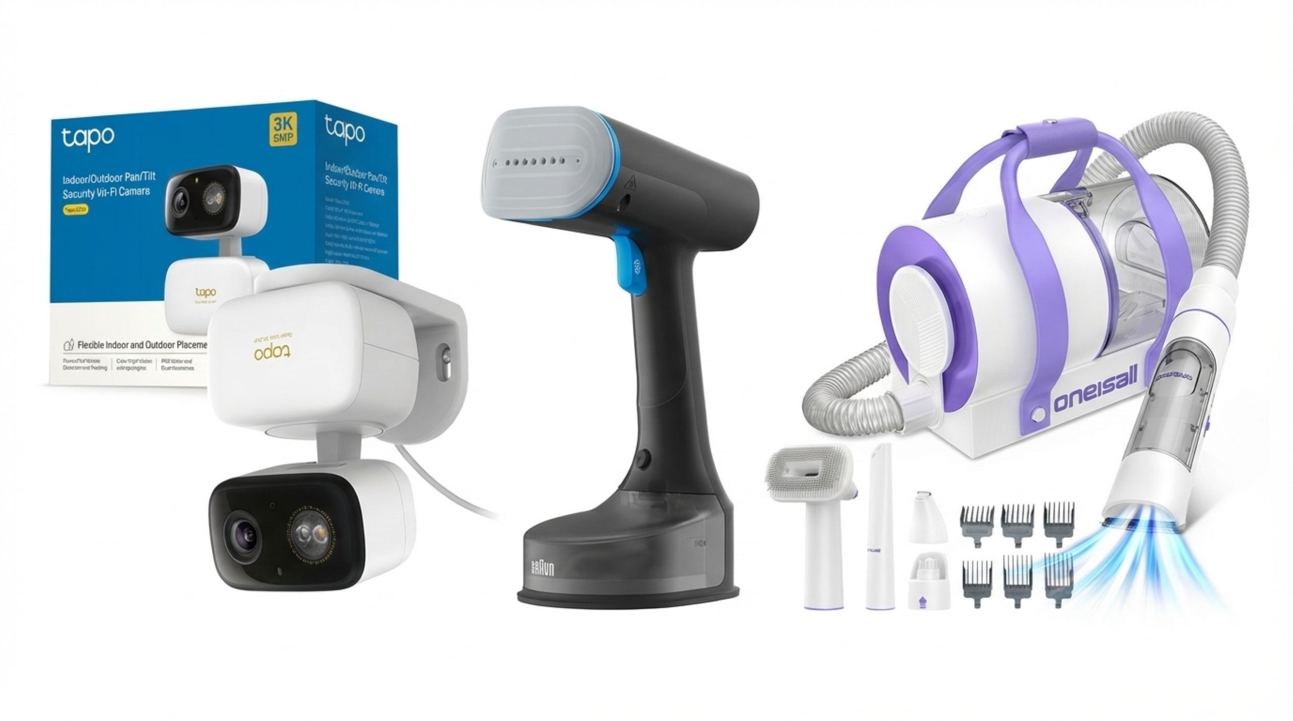 Da sinistra: TP-Link Tapo C236; Braun QuickStyle 5 GS5031; OneIsAll LM5 - Courtesy Press Office