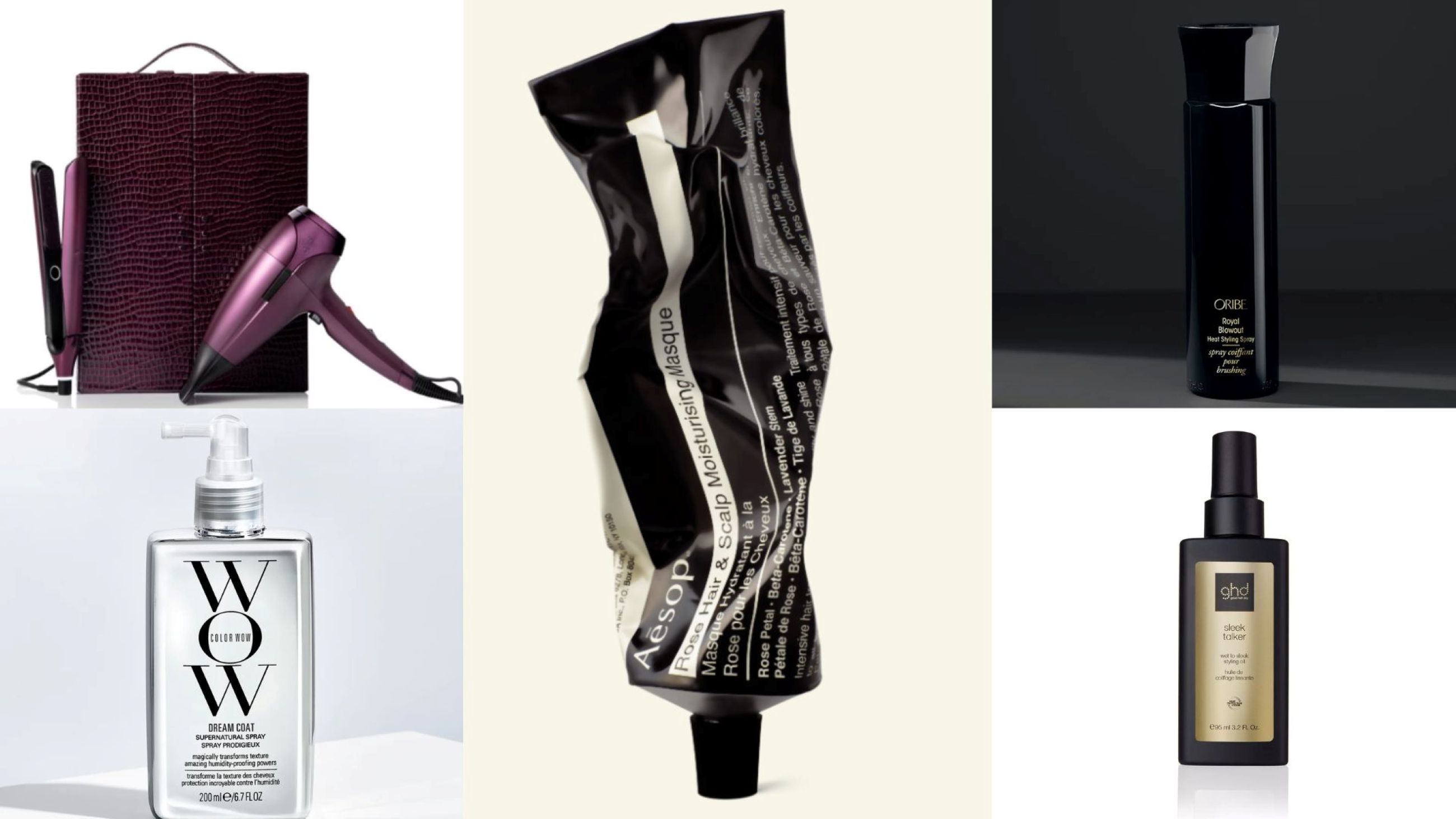 Da sinistra verso destra: Ghd Cherry Chic Limited Edition; Color Wow Dream Coat Supernatural Spray; Rose Hair & Scalp Moisturising Masque – Aesop; Oribe Royal Blowout Heat Styling Spray; Ghd Sleek Talker