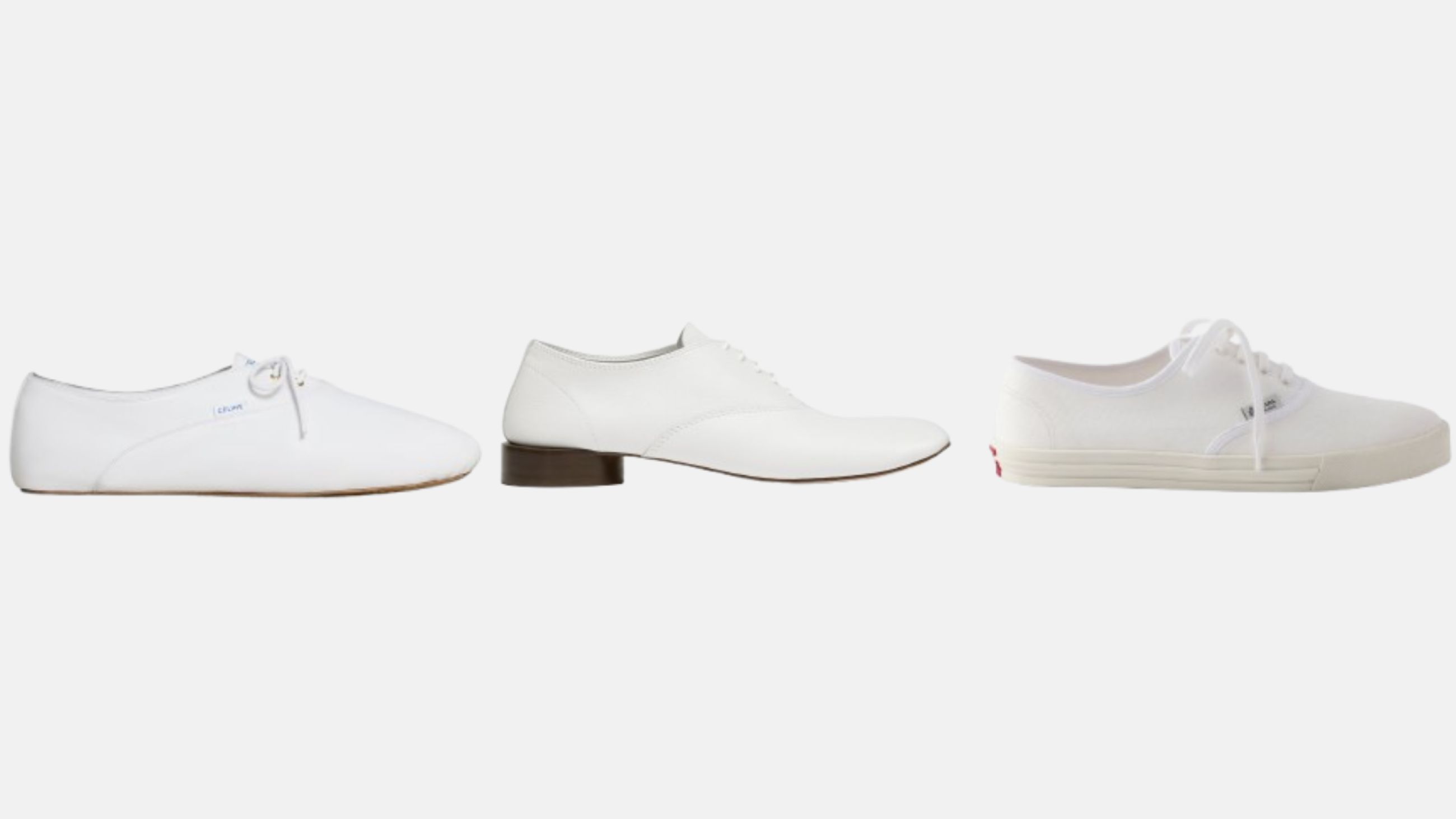 Da sinistra: scarpe bianche Celine; scarpe bianche Jacquemus; scarpe bianche Prada - Courtesy Press Office