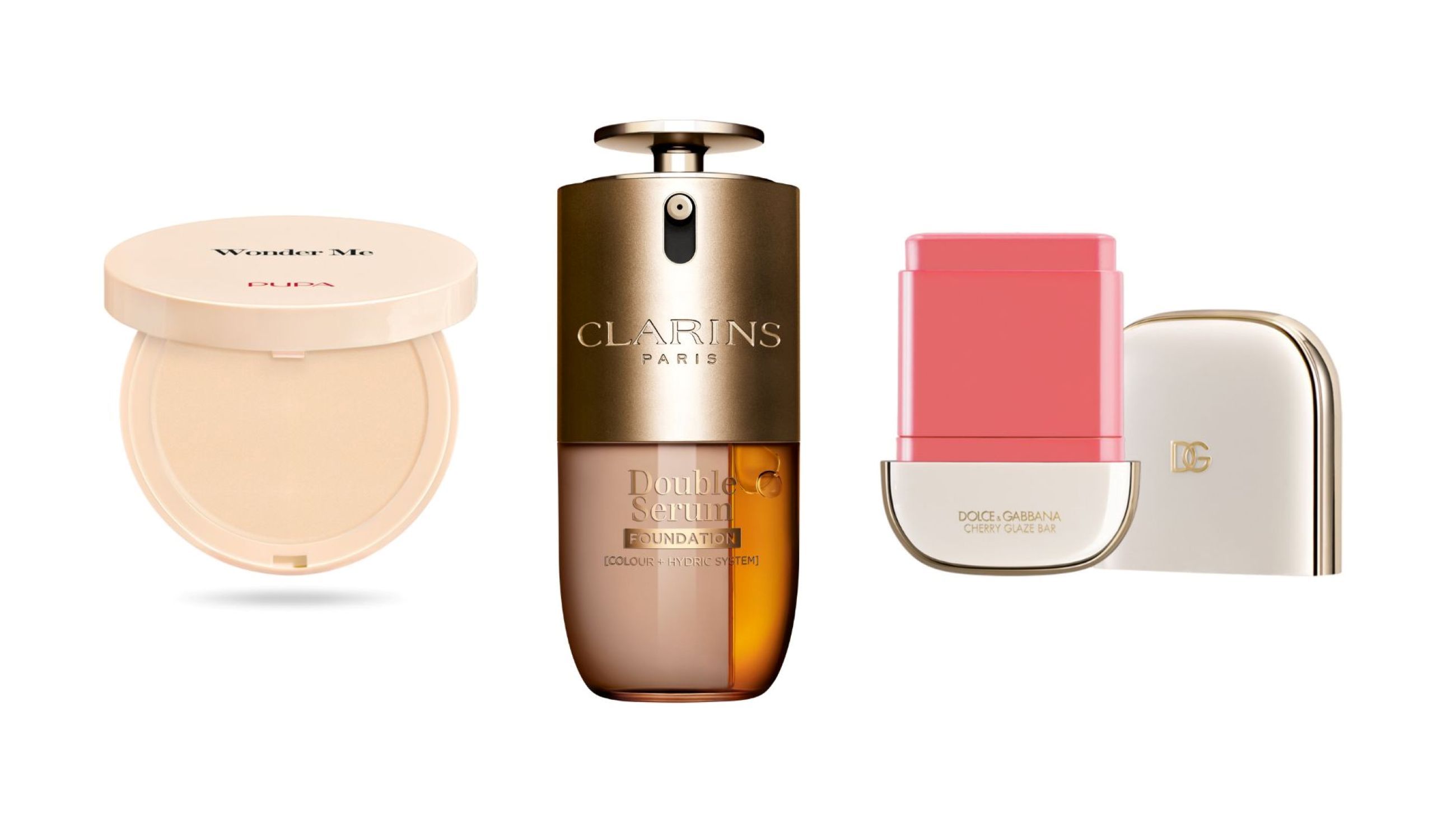 Pupa, Wonder Me Cipria non Cipria; Clarins, Double Serum Foundation; Dolce & Gabbana, Cherry Glaze Bar - Credits: Courtesy Press Office