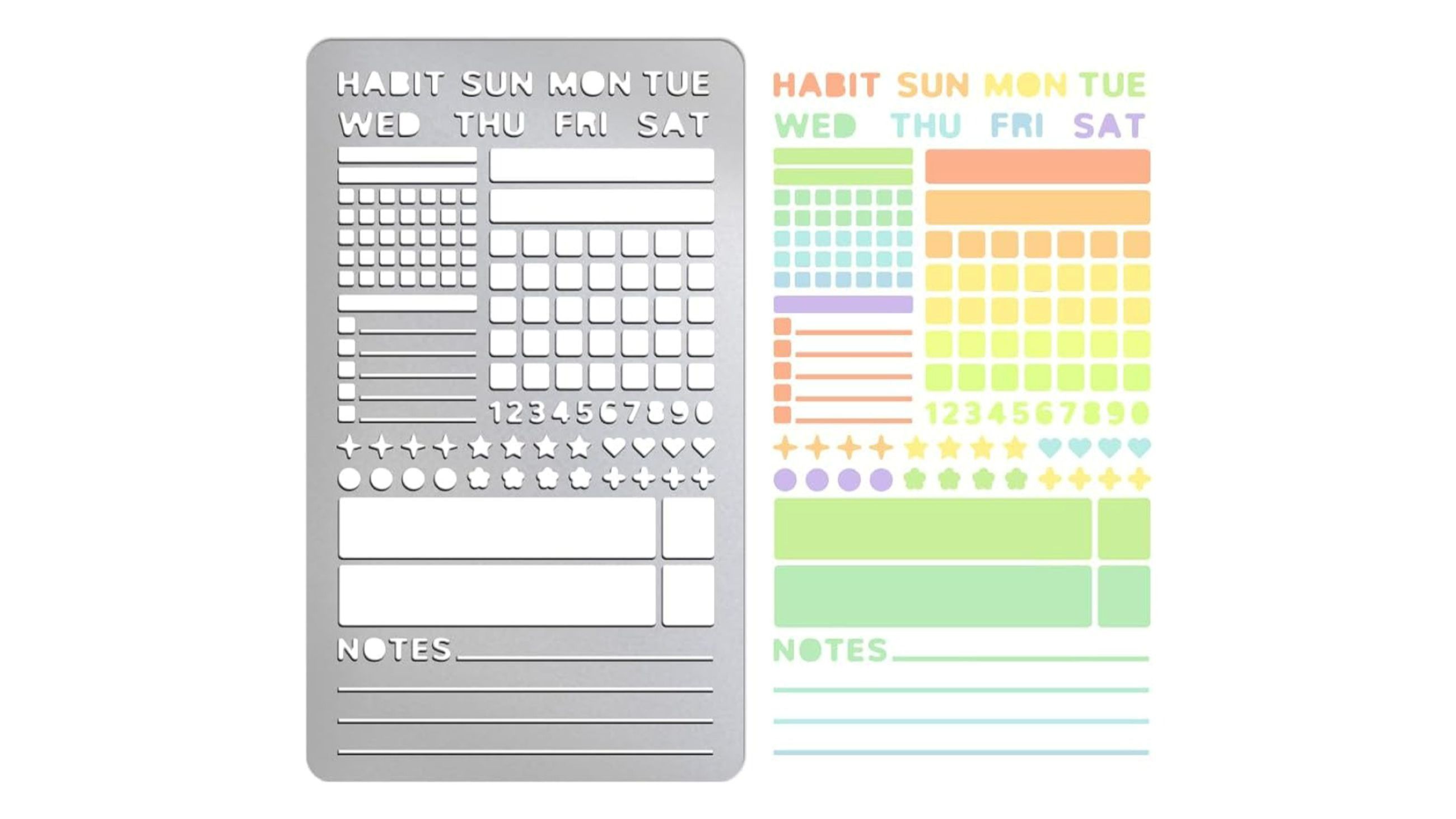 Stencil metallico con griglie, icone e campi note accanto al risultato colorato per planner personalizzati – Courtesy Press Office
