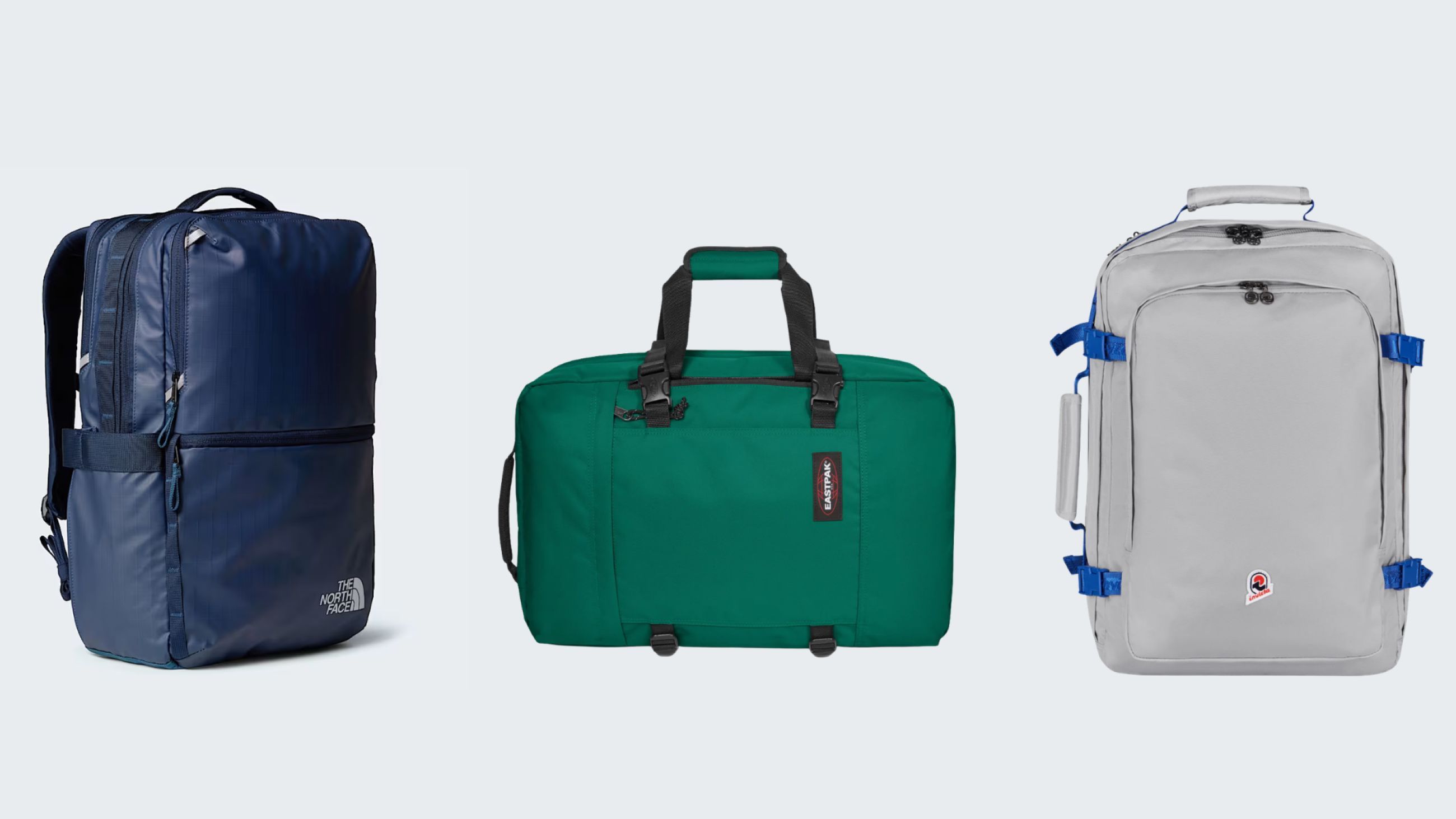 Da sinistra: Duffel Base Camp Voyager 42L di The North Face; Eastpak Travelpack 42L; Invicta Freeway 41L - Courtesy Press Office