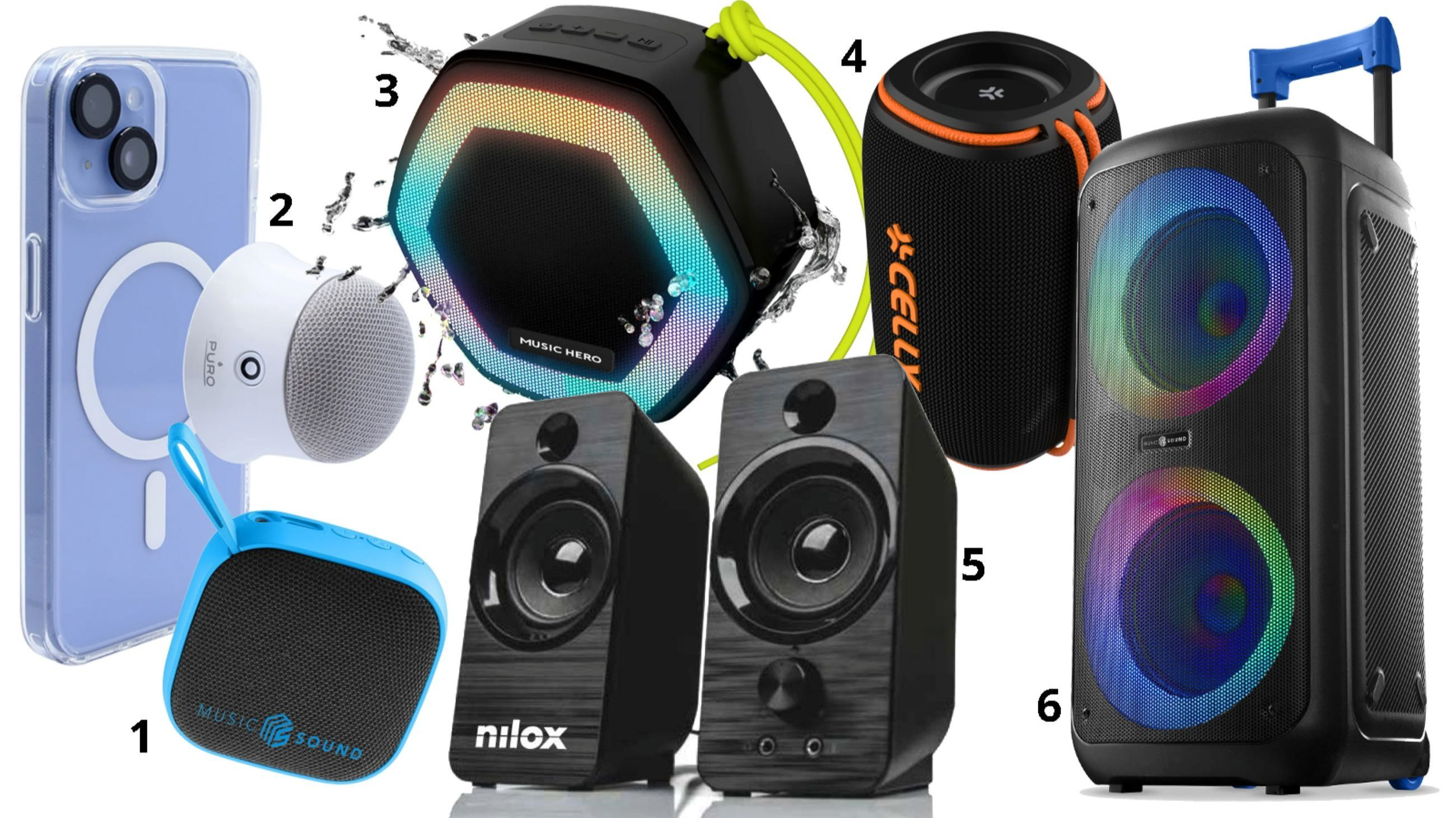 1. Speaker Mini di Music Sound; 2. Mag Go di Puro; 3. 5W Ibiza di SBS; 4. Aura di Celly; 5. Altavoces 6W di Nilox; 6. Sound Box di CellularLine - Credits: M. Dall’Ava