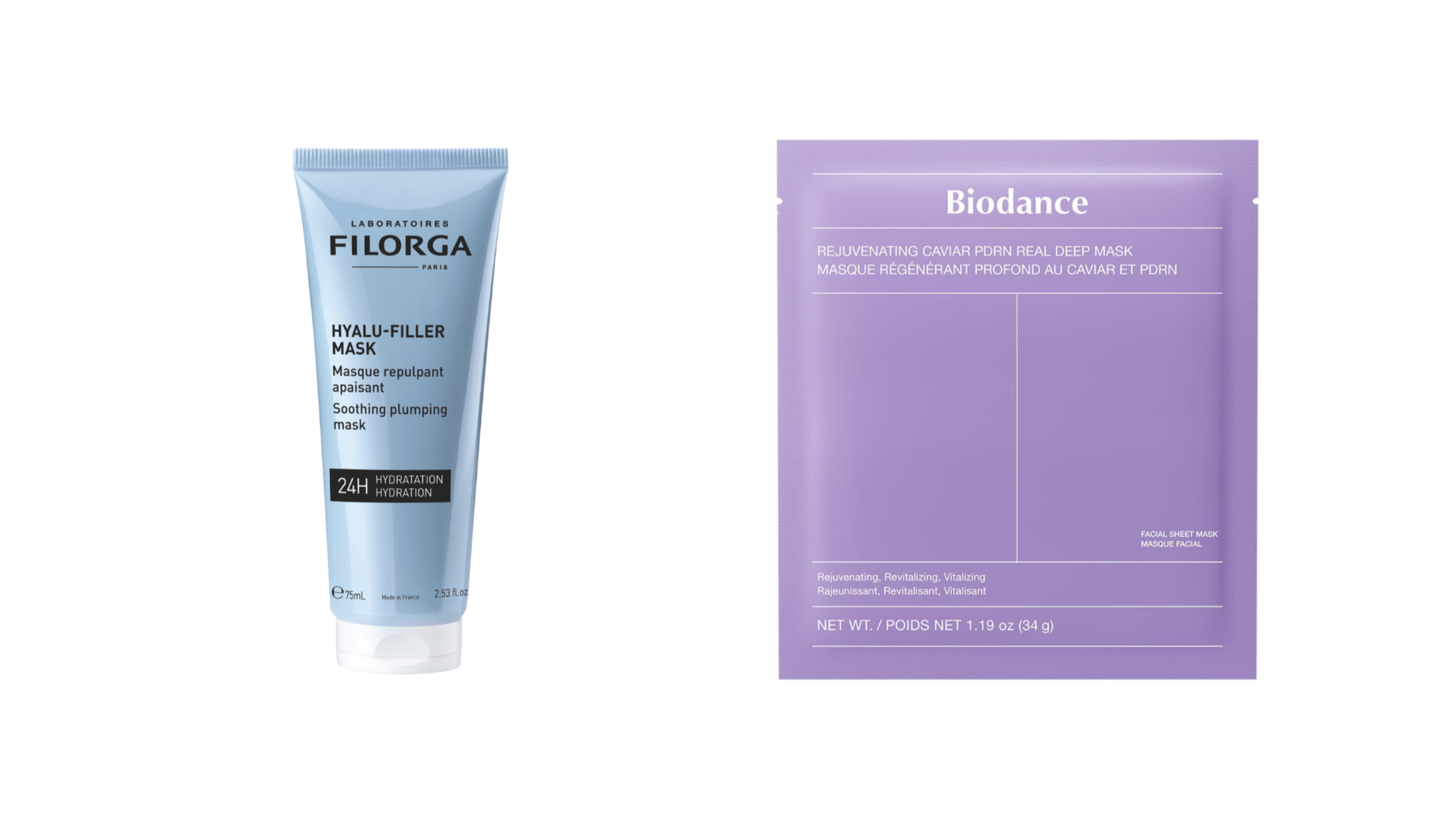 Da sinistra: Filorga, Hyalu Filler Mask; Biodance, Rejuvenating PDRN Mask - Courtesy Press Office