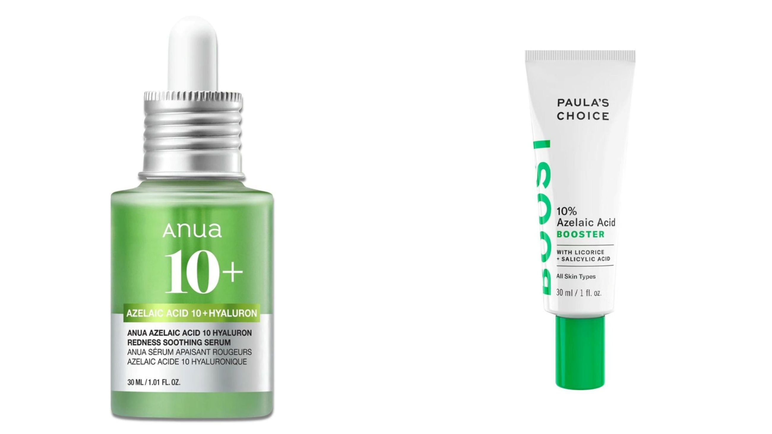 Anua, Azelaic Acid 10 + Hyaluron Redness Soothing Serum; Paula's Choice 10% Azelaic Acid Booster - Credits: Courtesy Press Office