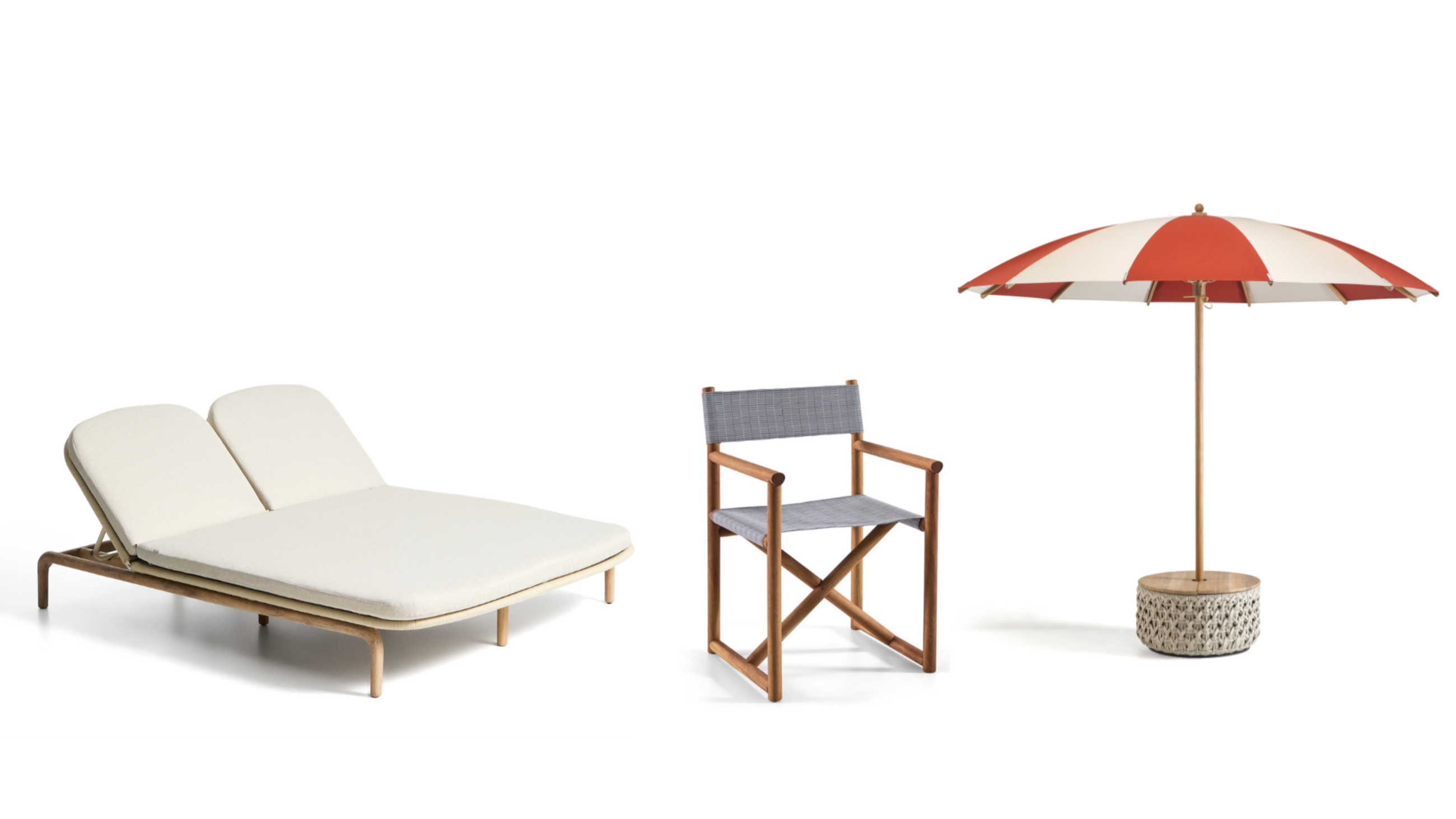 Da sinistra: Lettino doppio Alipa di Kave Home - Courtesy Kave home; Sedia Hashi 24 di Gervasoni - Courtesy Gervasoni; Ombrellone Ginko di Ethimo - Courtesy Ethimo