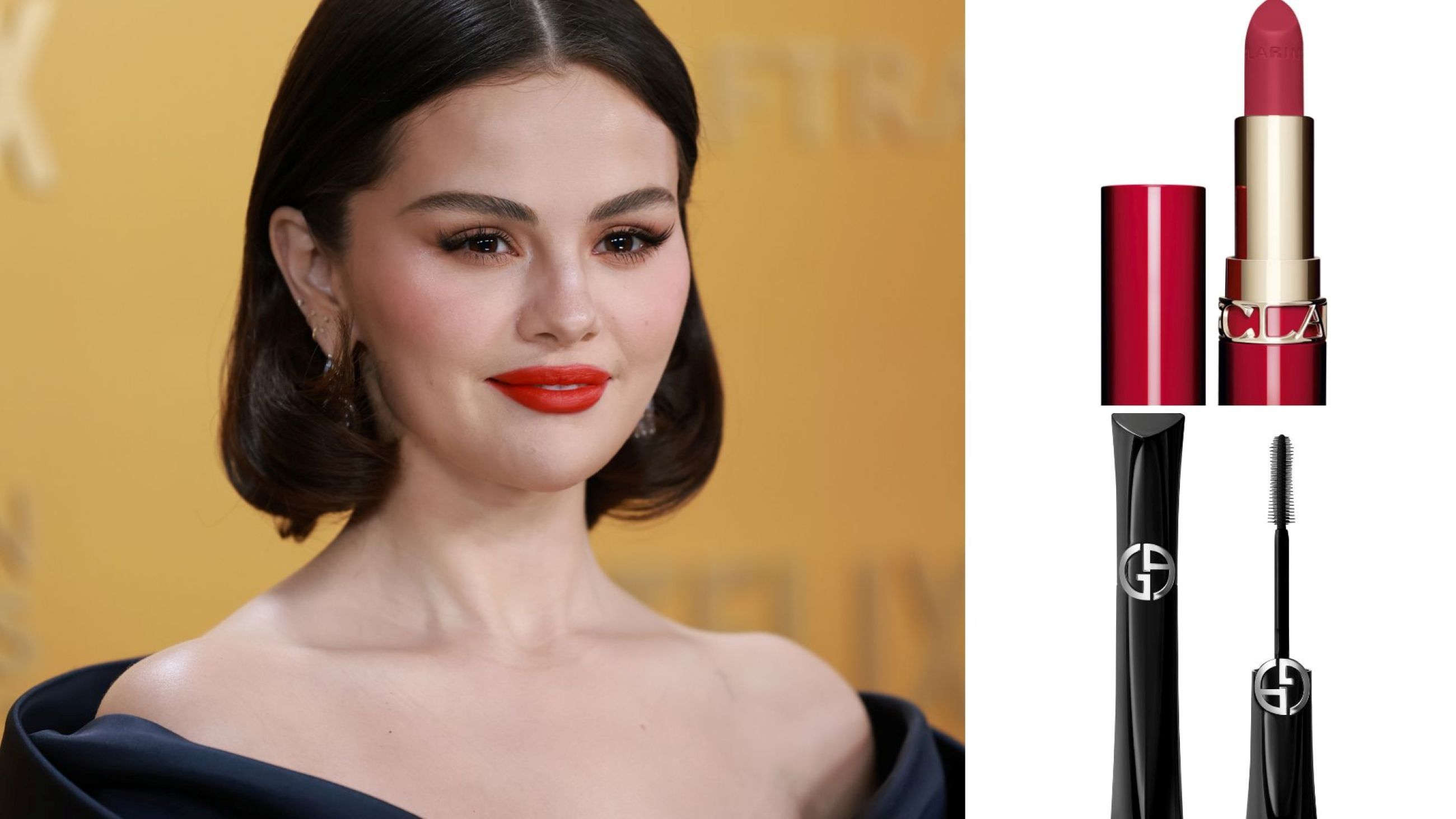Selena Gomez; Clarins, Joli Rouge Velvet; Armani Beauty, Vertigo Lift Mascara - Credits: Getty Images; Courtesy Press Office