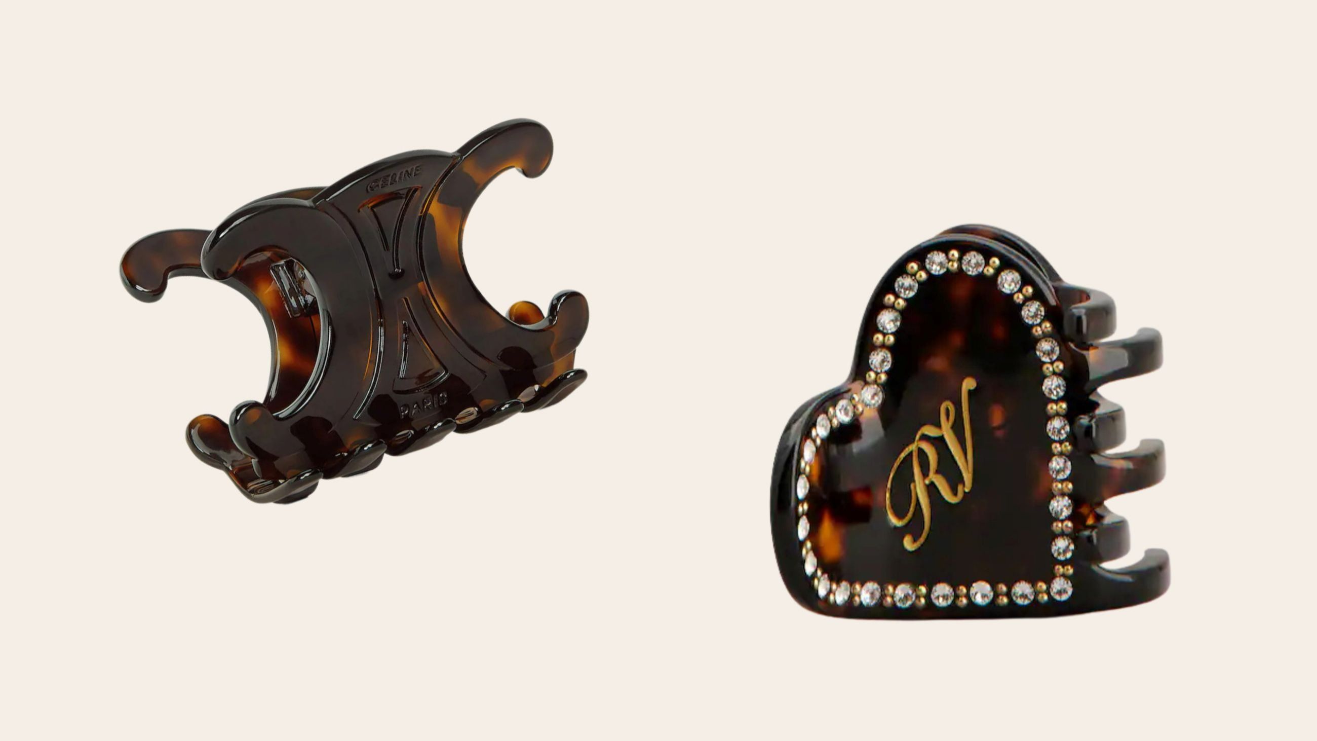 Pinces à cheveux dai motivi “tartarugati”: a sinistra una versione dalle linee ondulate di Celine e a destra un cuore di Roger Vivier - Credits: www.celine.com, www.rogervivier.com 