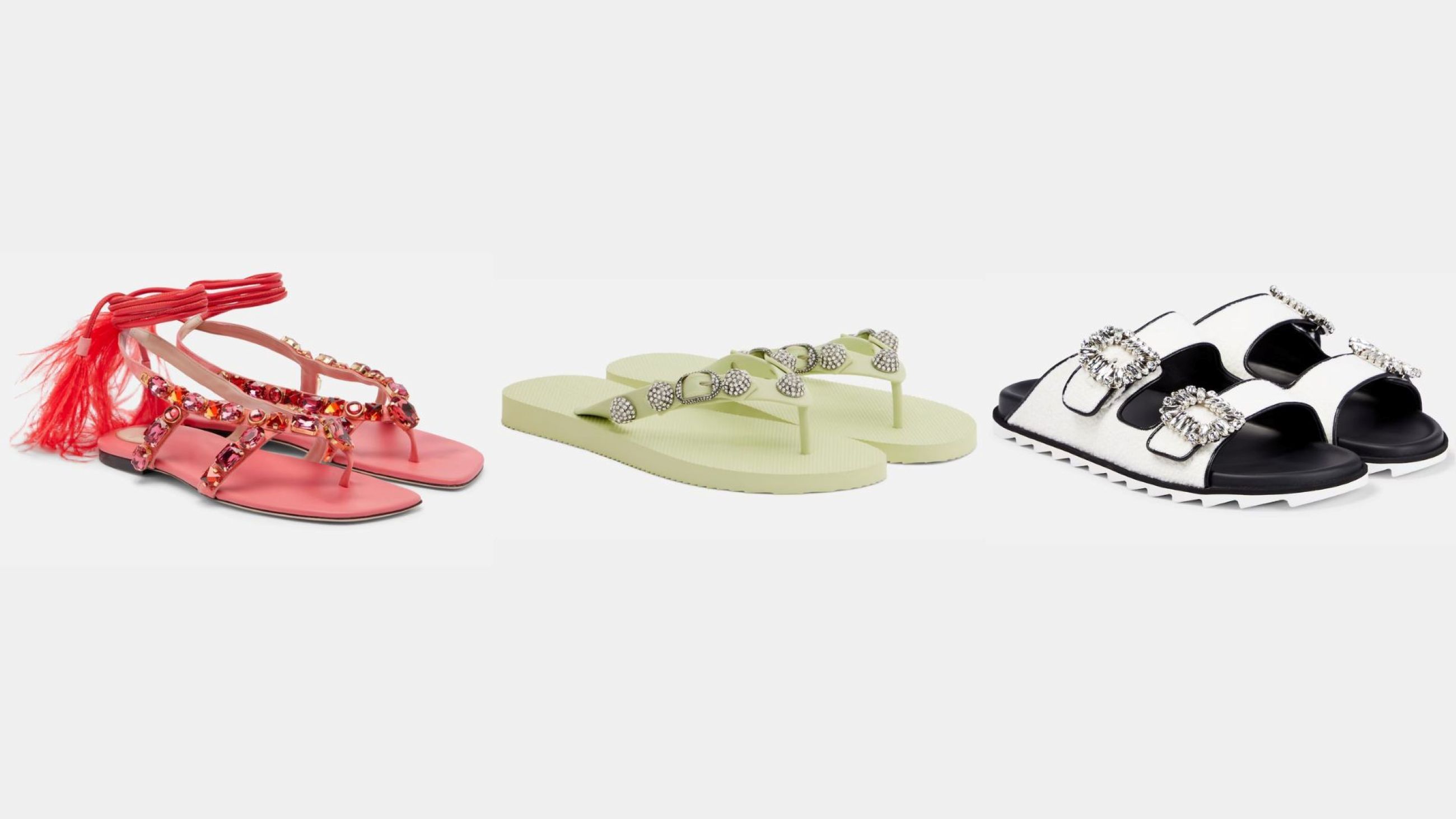 Da sinistra, sandali gioiello con suole flat Valentino Garavani, Balenciaga, Roger Vivier - Credits: Courtesy Press Office