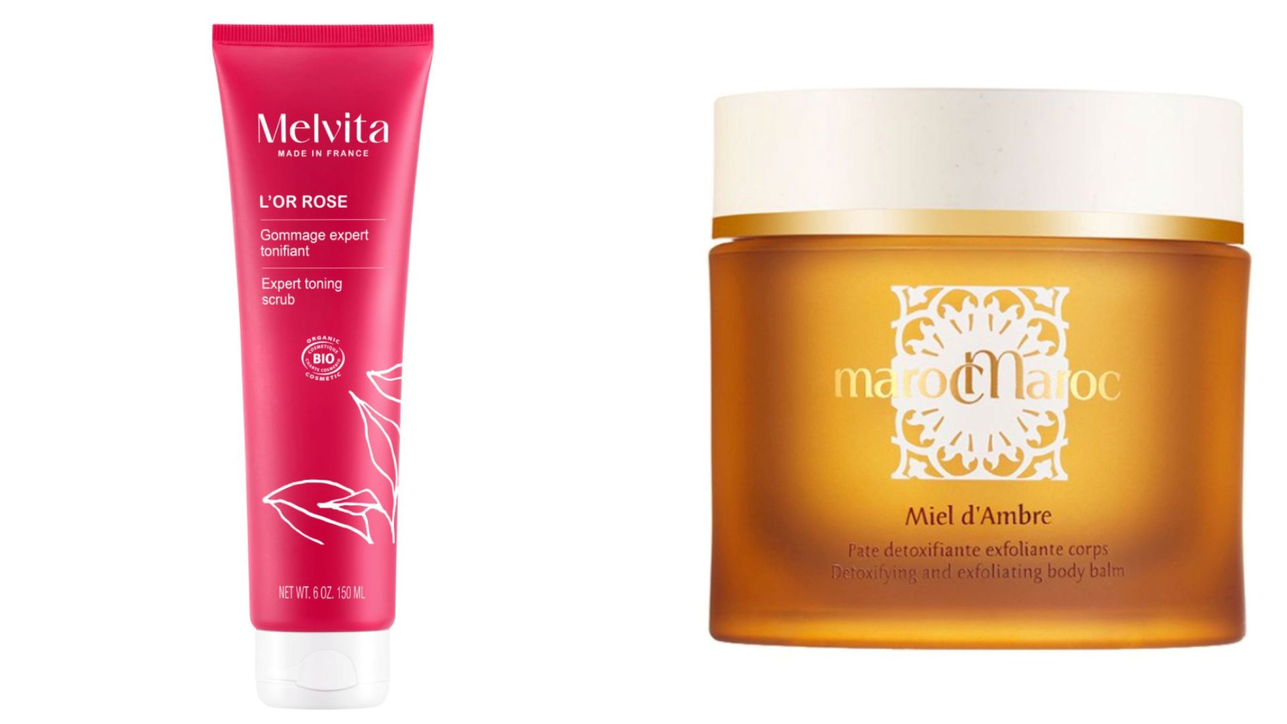 Melvita, Scrub Tonificante L'Or Rose; Marco Maroc, Miel d’Ambre Scrub Corpo Detox - Credits: Courtesy Press Office